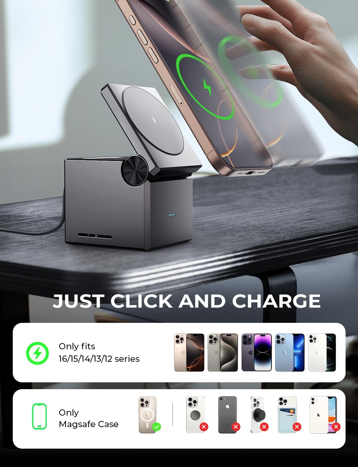 LISEN 3 in 1 Charging Station Apple, for iPhone Wireless Charging Station for Apple Magsafe Charger Stand Cube, Travel Magsafe Charging Station for iPhone 16 15 and Watch, Gifts for Men Women, Black