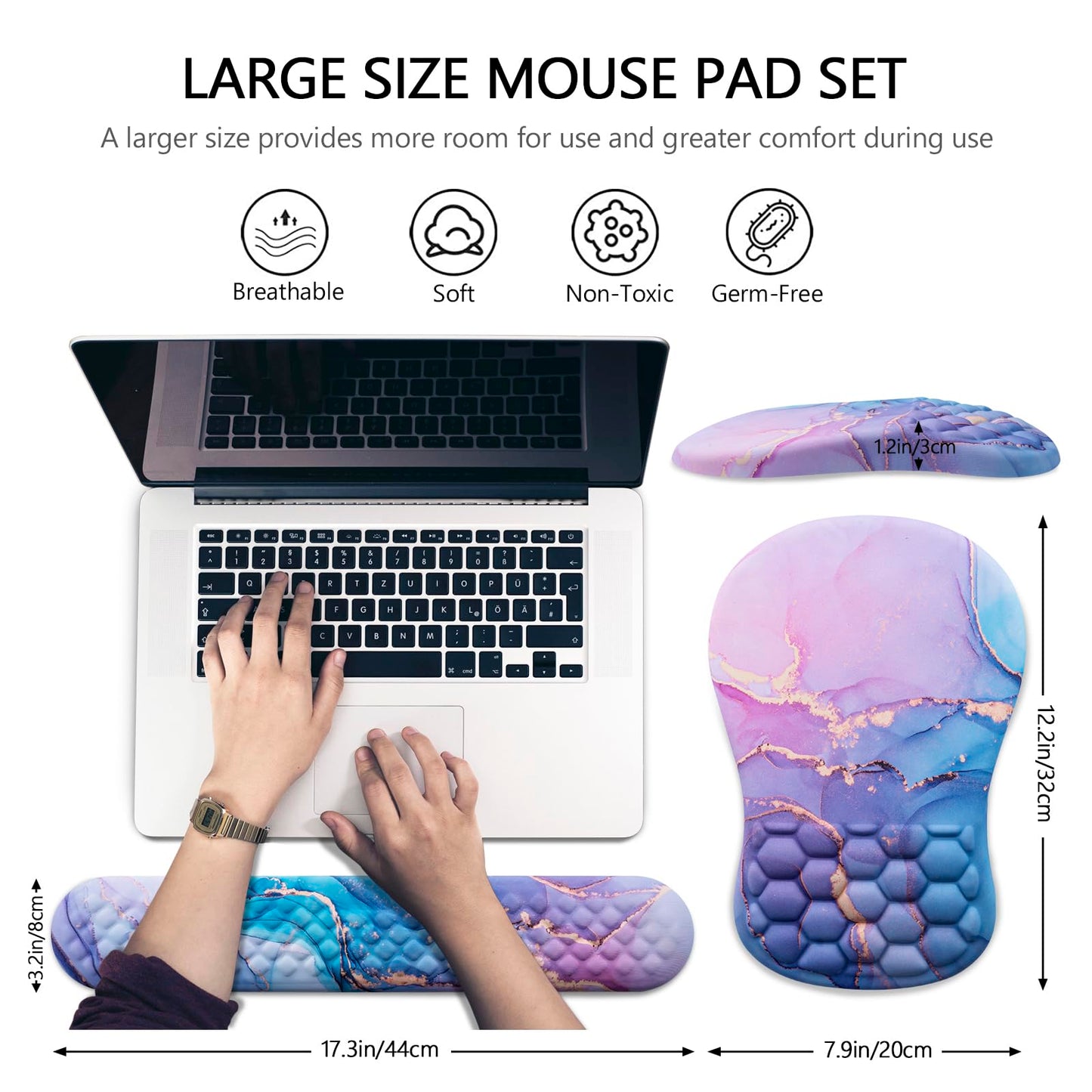Mouse Pad Wrist Support, Laokiiy 2 in1 Keyboard Wrist Rest+ Ergonomic Mouse Pad, Non-Slip Wrist Rest for Computer Keyboard, Made Easy Typing & Relieve Wrist Pain(Blue Pink Marble)