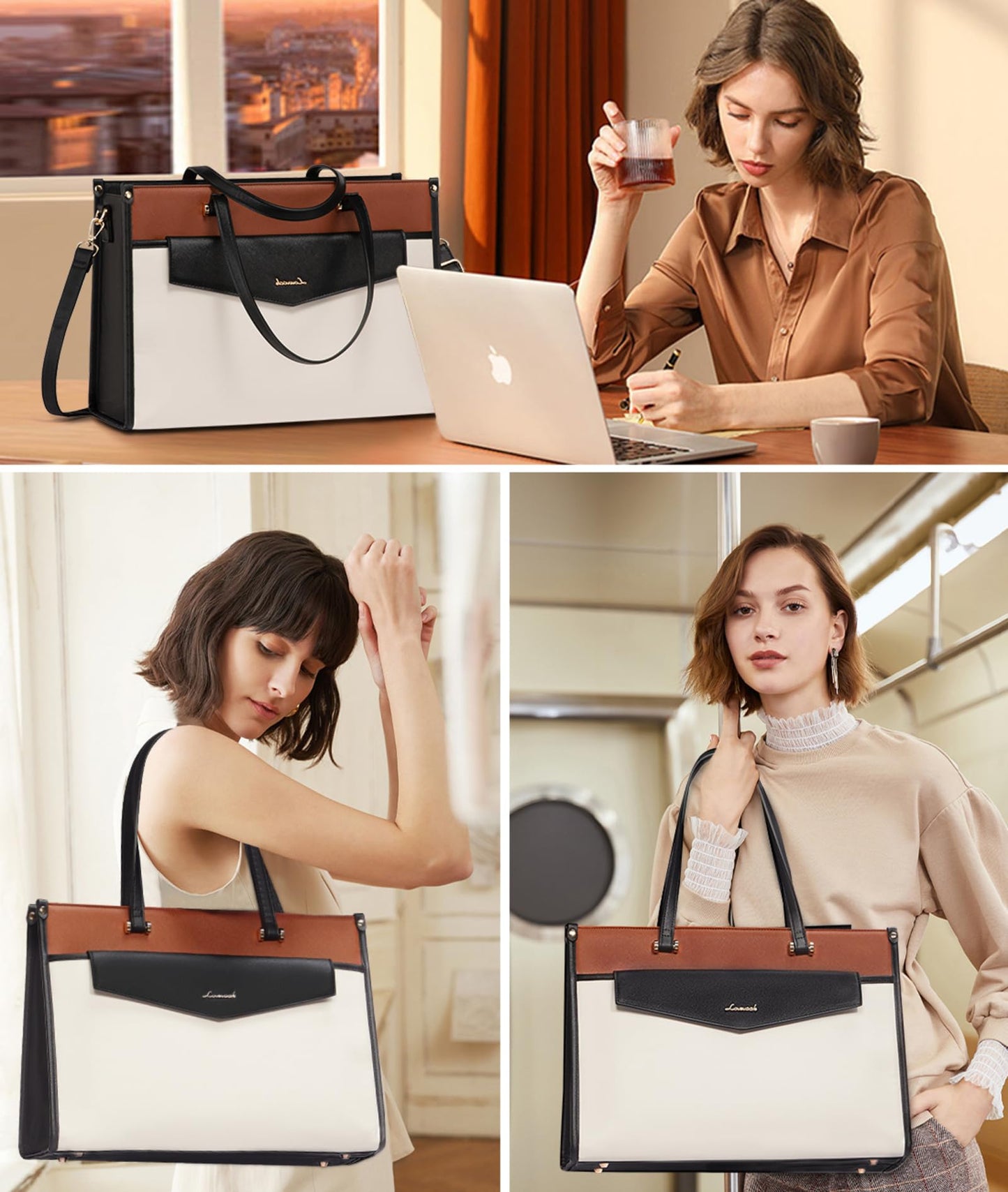 LOVEVOOK Laptop Bag for Women, 15.6 inch Laptop Tote Bag 2-in-1 Professional Work Bag Business Briefcase with Clutch Purse, Waterproof Leather Computer Handbag Shoulder Bag for Teacher Office Travel