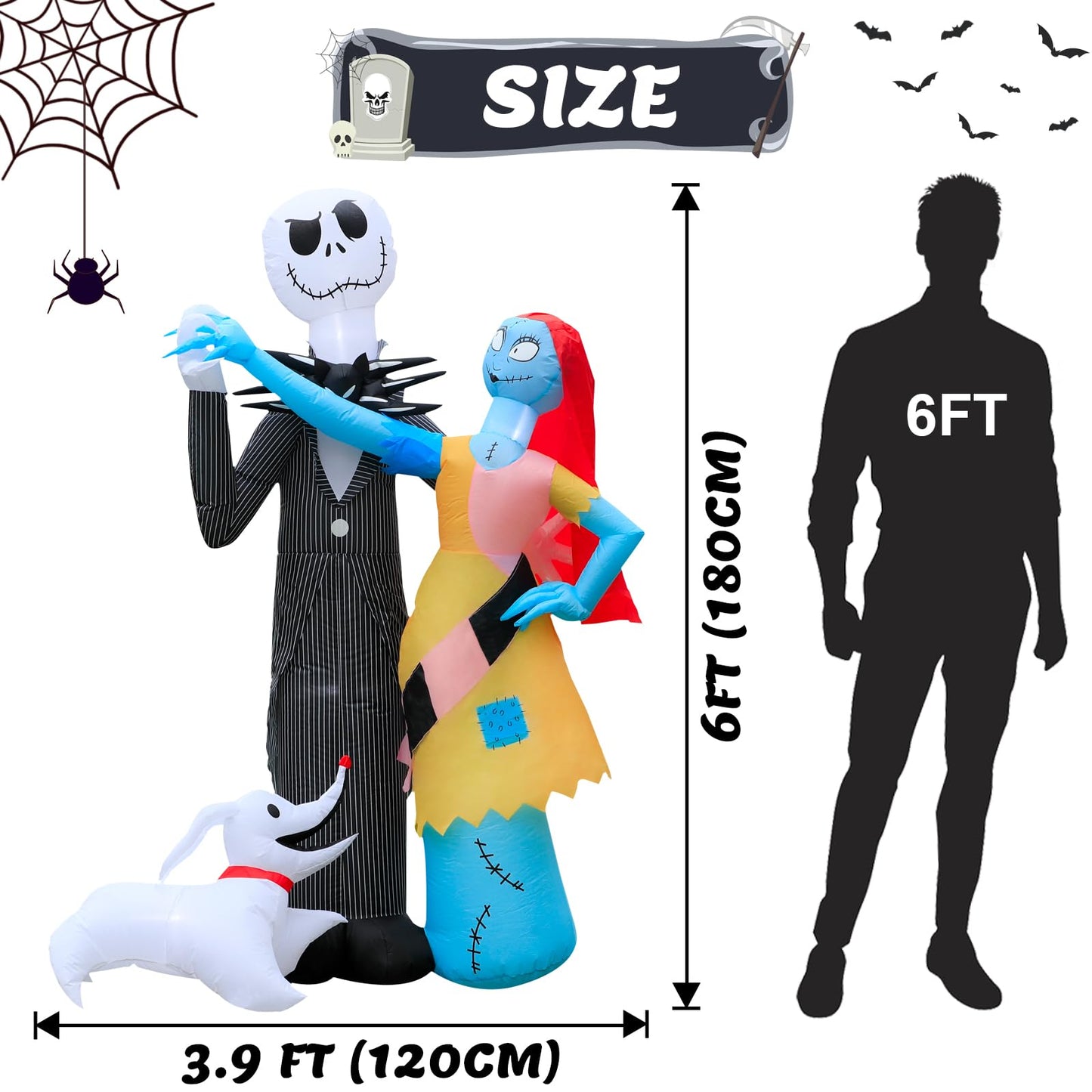 6Ft Inflatable Halloween Outdoor Yard Decoration - Halloween Skeleton Couple and Dog Blow Up Decoration - Built-in LED Lights - Suitable for Garden Lawn Indoor Party Decoration