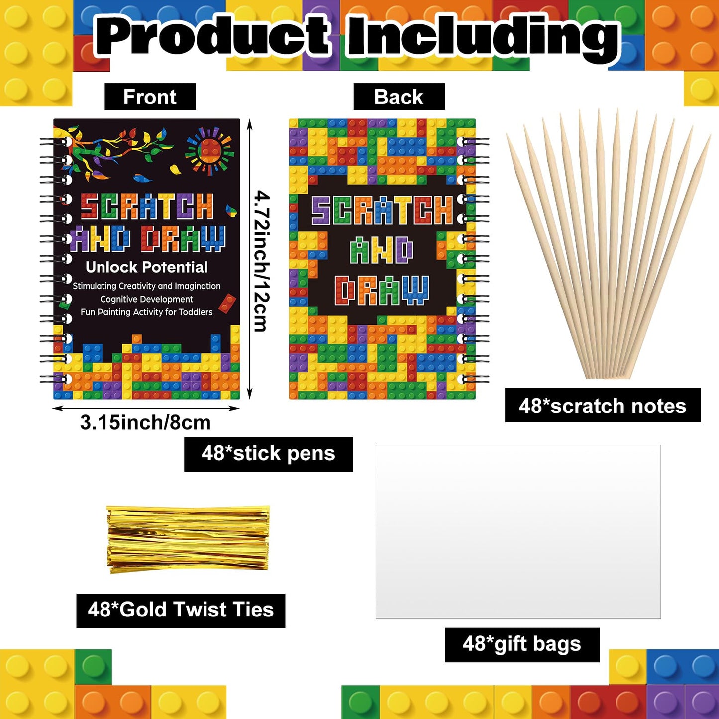 Pasimy 48 Set Scratch Paper Art Party Favors for Kid Building Block Scratch Paper Craft Notebook Bulk Craft for Girl Boy Classroom Prizes Goodie Bag Stuffer Christmas Birthday Party Favor Gift
