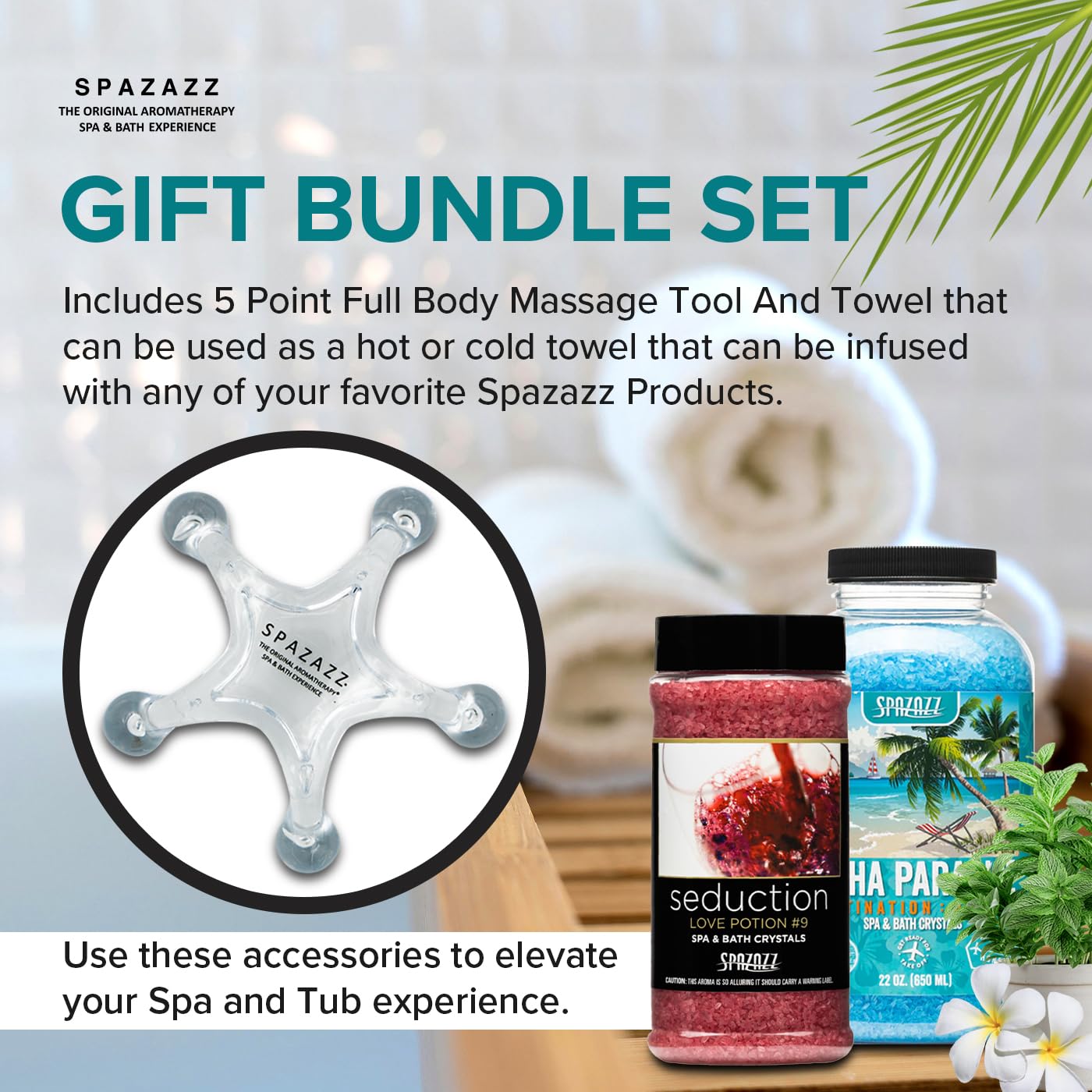 Spazazz Spa and Bath Salt Aromatherapy Crystals for Hot Tub - Gift Bundle Set The Mood Love Potion #9 Seduction 17oz - Destinations Hawaii Aloha Paradise 22oz with 5 Point Full Body Massage Tool