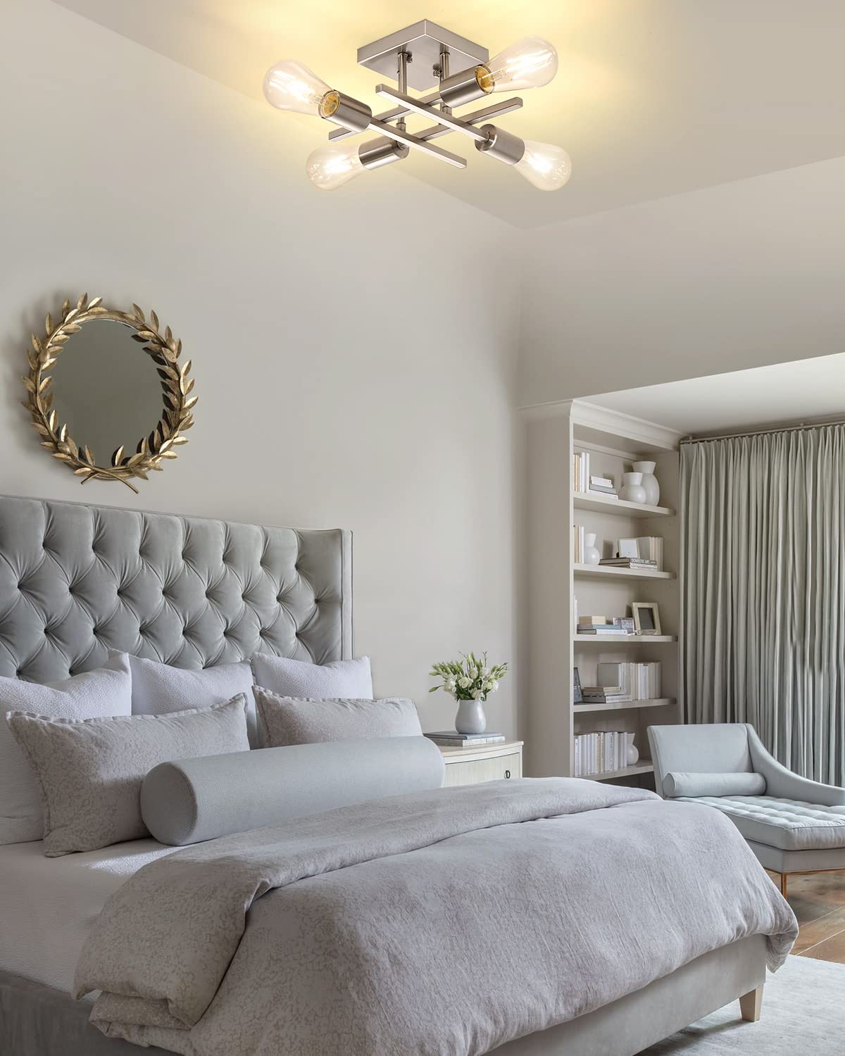 Eietonte Industrial 4-Light Semi Flush Mount Ceiling Light Fixture, Modern Brushed Nickel Chandelier Lighting, Farmhouse E26 Base Sputnik Ceiling Lamp for Kitchen Bedroom Living Room Entryway, 2 Pack