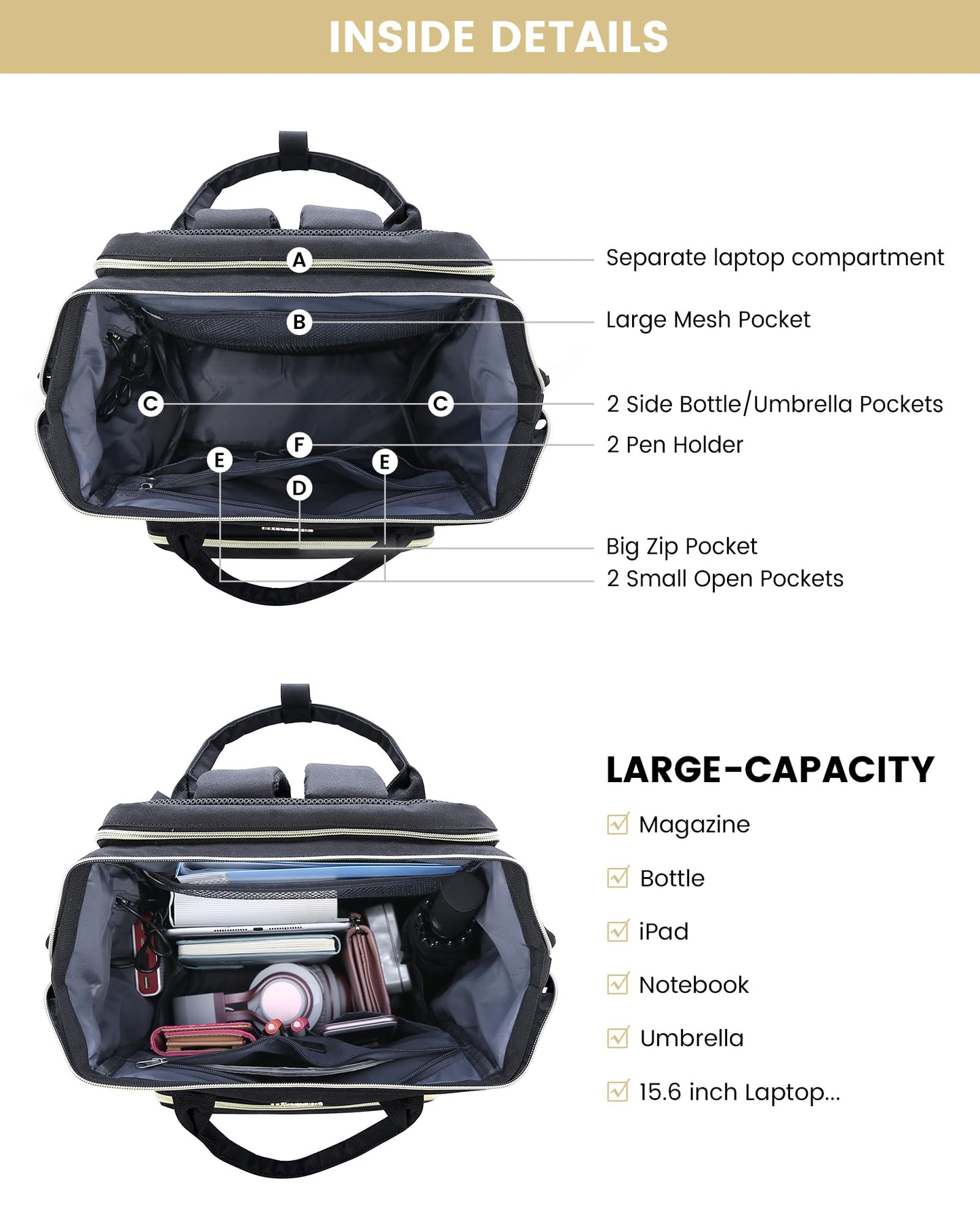 LOVEVOOK Laptop Backpack for Women, Travel with Compartment, Water Resistant Teacher Nurse Backpack, Anti-theft Back Pack Charger Work Doctor, 15.6-Inch, Black