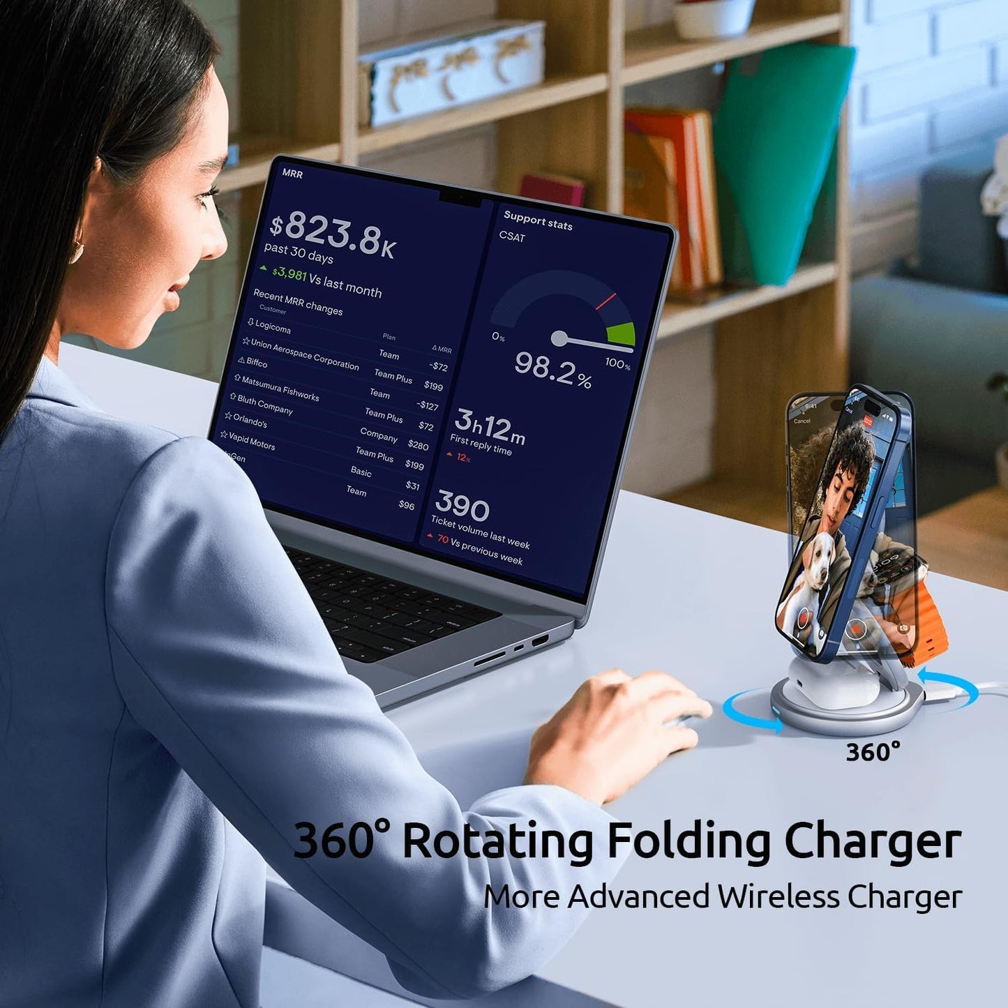 3 in 1 Charging Station for Apple Magsafe Travel Charger for Multiple Devices Aluminum Foldable Magnetic Wireless Charger with 360 Rotating for iPhone 16/15/14/13/12 Series,for iWatch,for Airpods