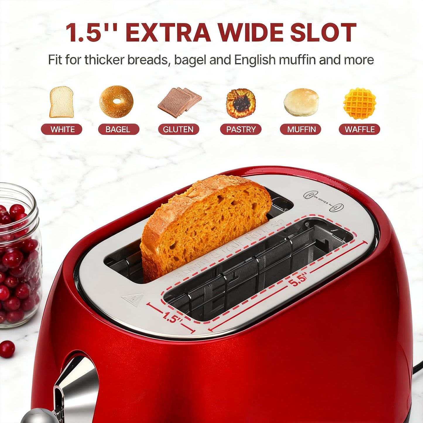 Culinaid Toaster 2 Slice Smart Touch Screen, Retro 1.5'' Extra Wide Slot Stainless Steel Digital Bread Toaster with Memory Function, Bagel, Defrost, 6 Browning Levels and Removable Crumb Tray, Red