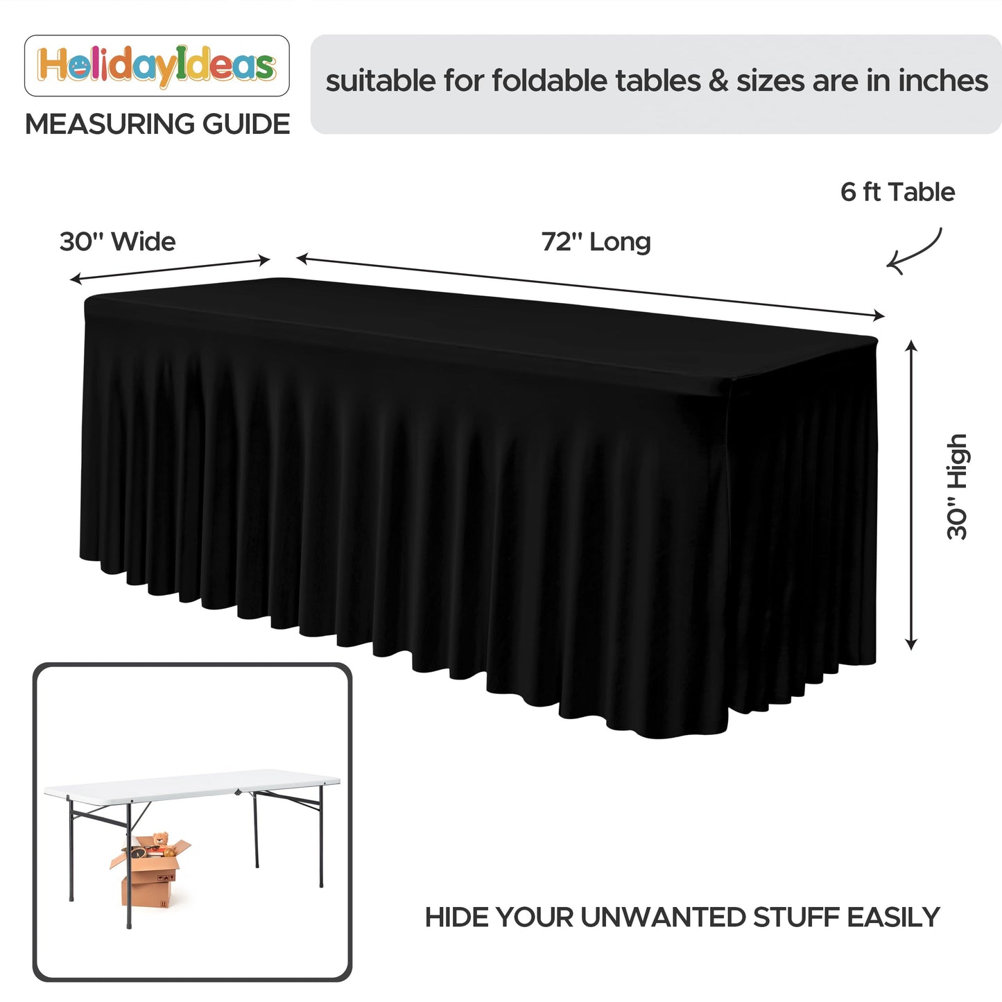 HolidayIdeas Black Spandex Table Skirts for Rectangle Tables 6ft, Fitted Stretch Table Cover 30x72 Inch, Wrinkle-Free Ruffle Design Tablecloths for Banquets,Trade Shows, Parties, Events, 4 Pack
