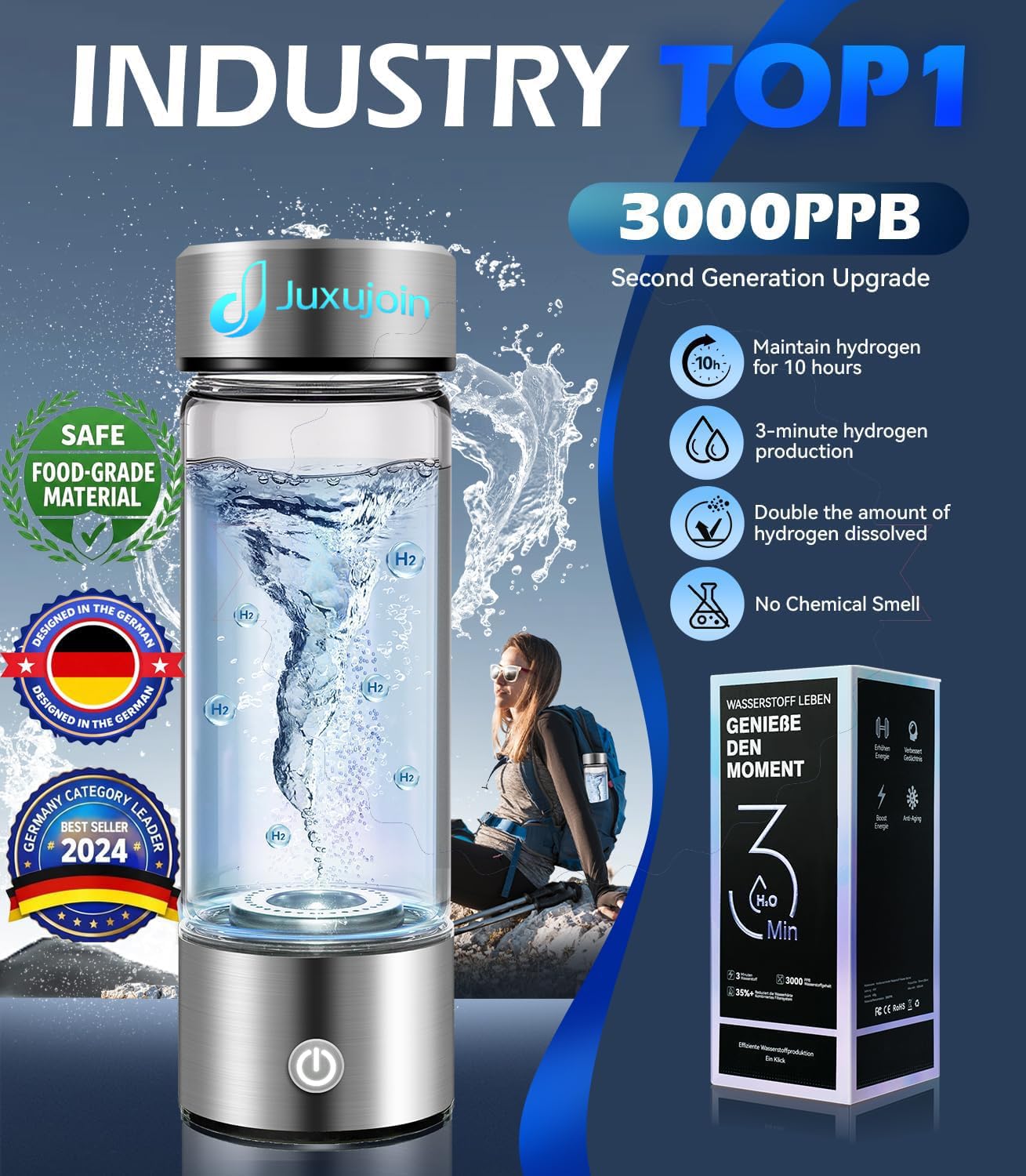 New Upgrade Hydrogen Water Bottle Generator【Industry TOP - 24-Hour Hydrogen Lock】【NO.1 Double Hydrogen Content】| 0 Chlorine & 0 Ozone | 100% Leak-Proof Seal, Sports Hydrogen Water Bottle for Gym