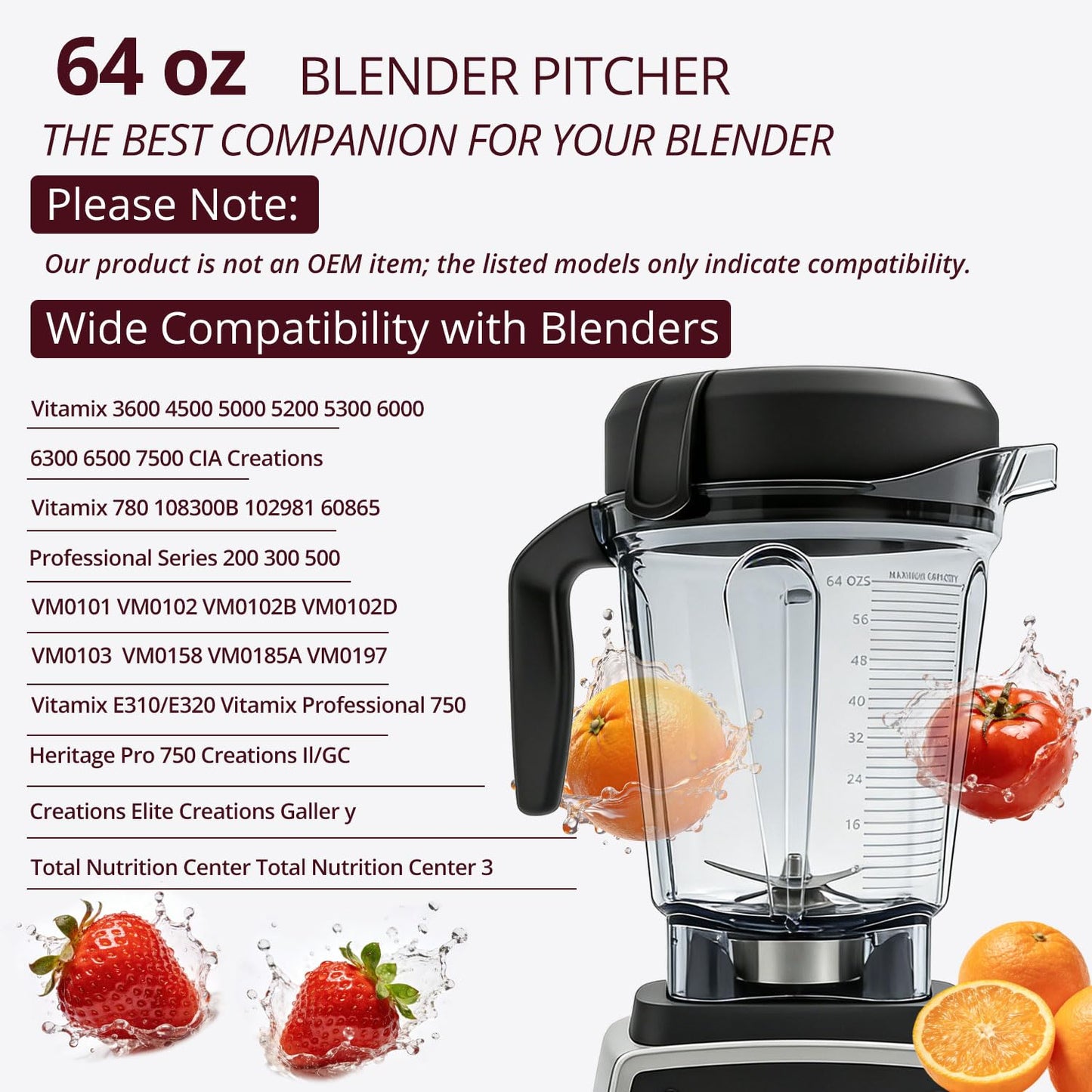 64oz Low-Profile Blender Pitcher Container, Compatible with Vitamix 5200 750 7500 6300 VM0102 VM0103 VM0197 E310 Classic/Explorian/Commercial Series, BPA-Free, Replacement Jar Cup