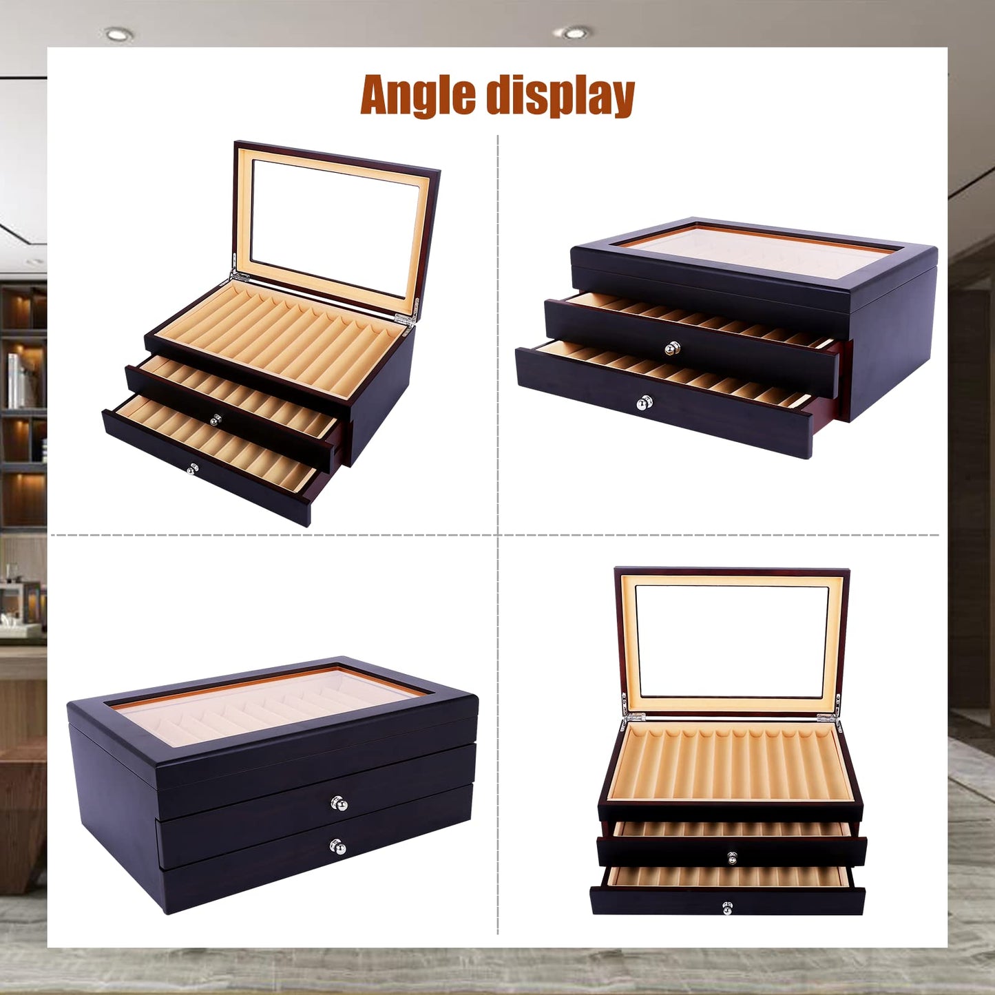 34 Piece Wood Pen Display Box Pen Storage Organizer Box Fountain Pen Collector Case 3 Layers (Ebony)