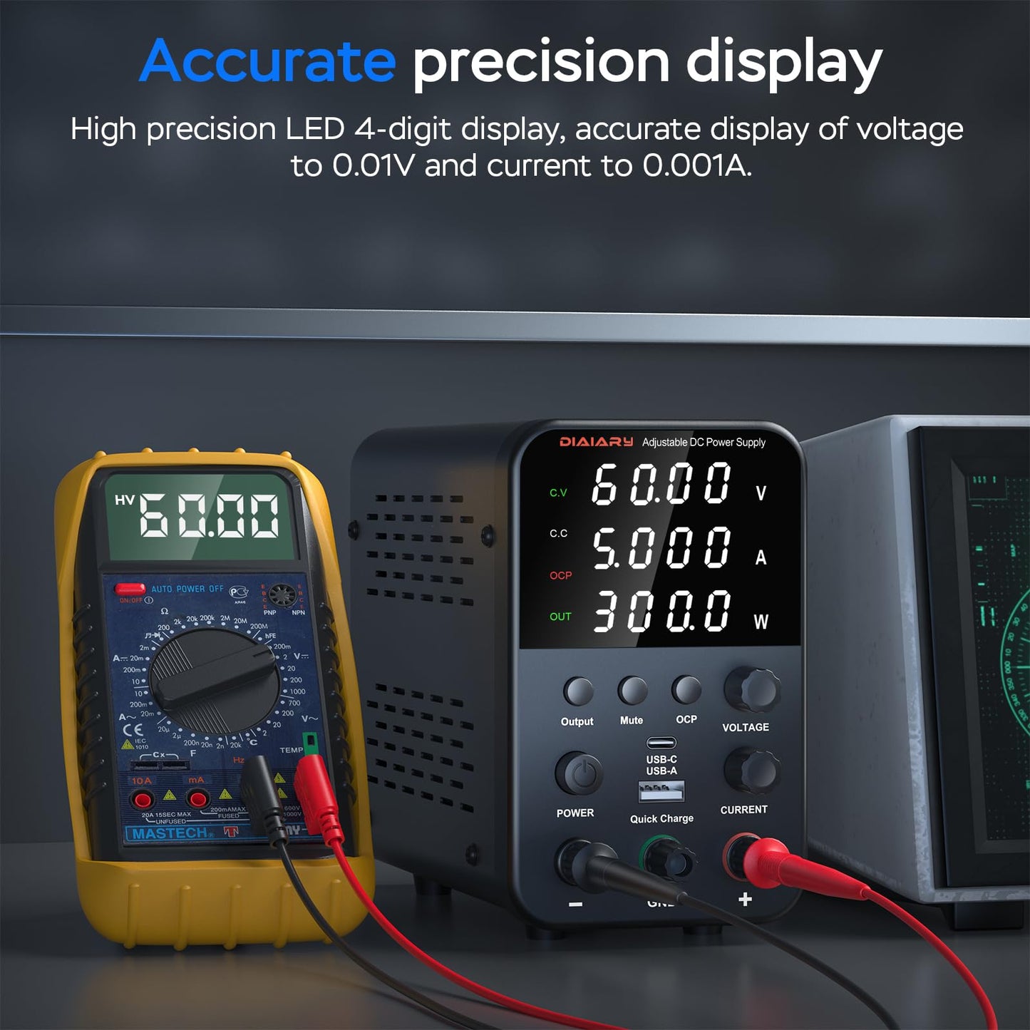DC Power Supply Variable, 62V 5A Adjustable Switching Regulated DC Bench Power Supply with Intelligent Charging Mode, 18W USB Interface, Precision Encoder Knob