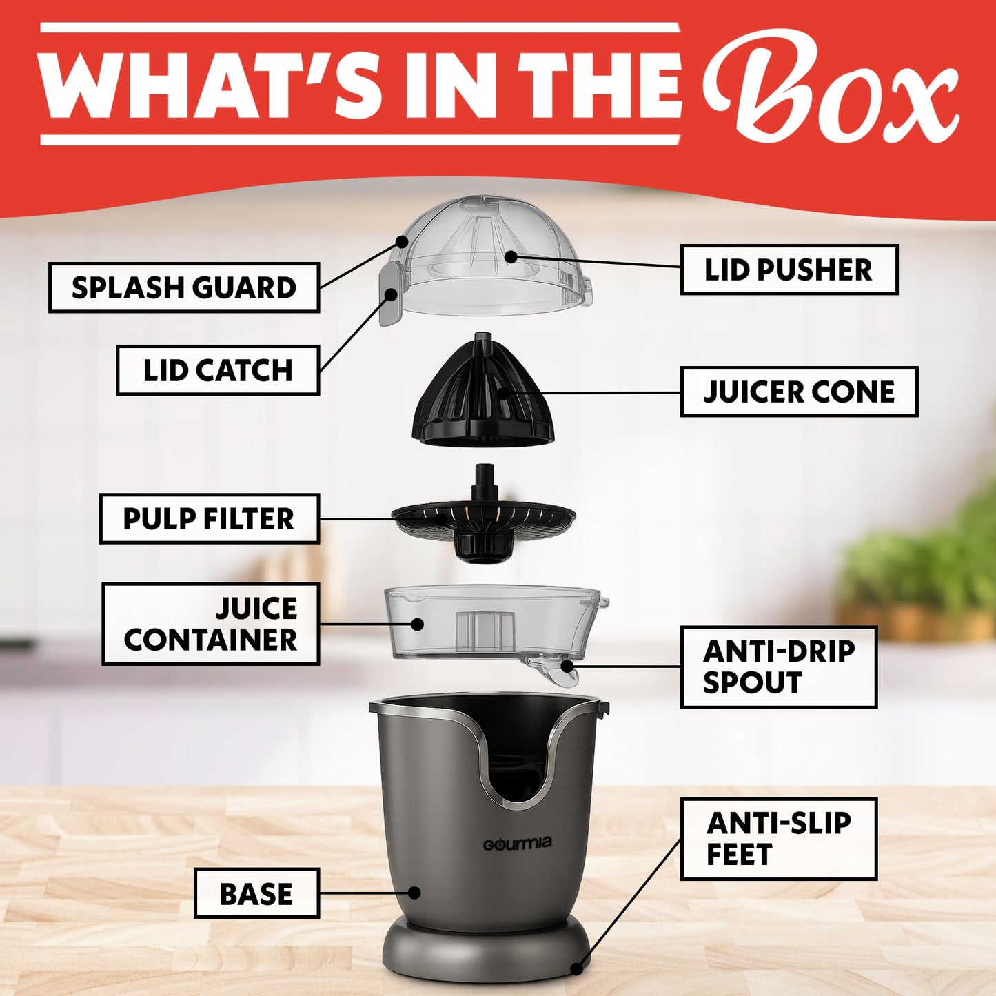 Gourmia Citrus Juicer - Automatic Juicer with 17 oz Capacity, One-Touch Operation, Universal Cone, Anti-Drip Spout, Dishwasher-Safe Accessories, Compact Quiet 60W Motor