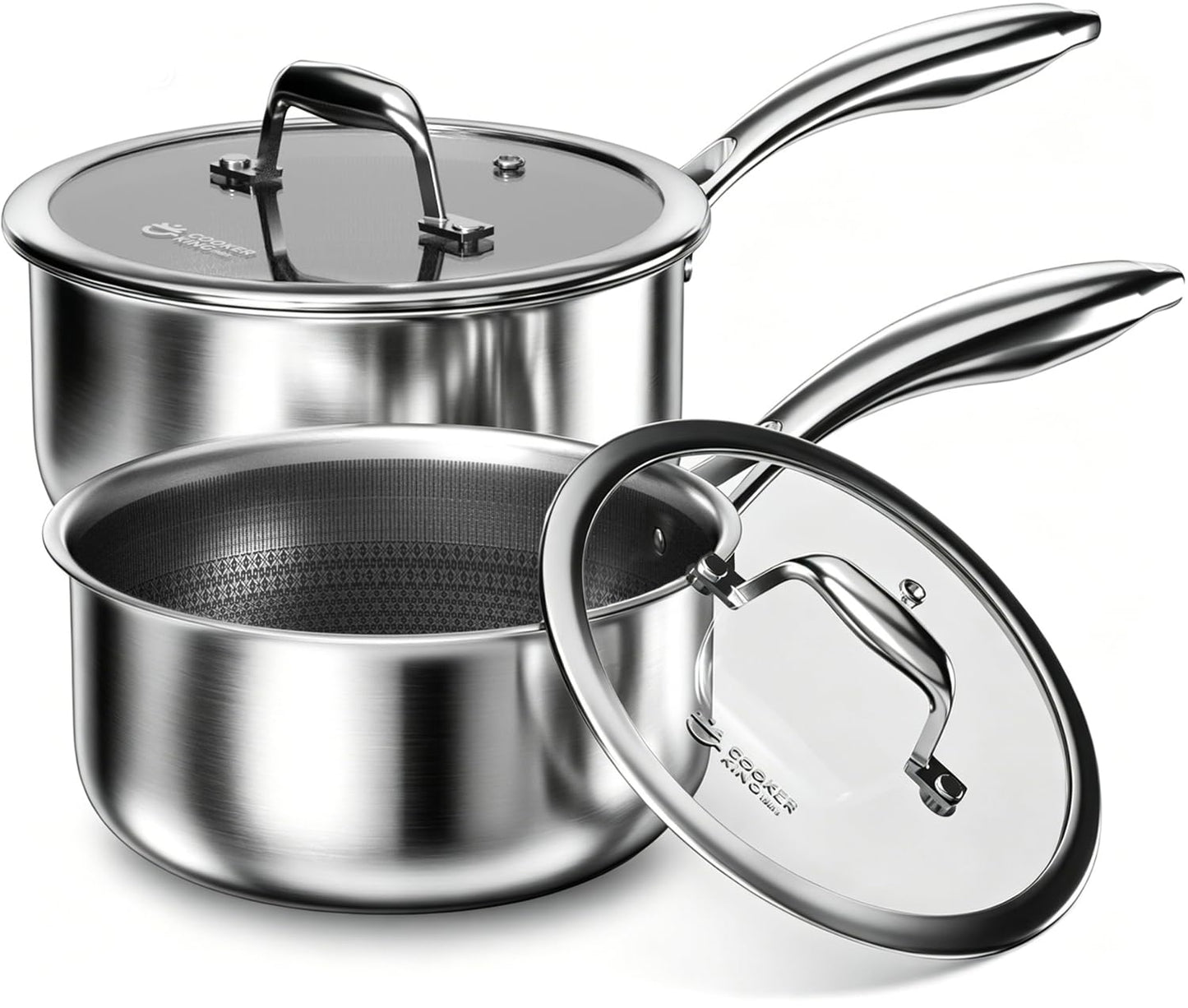 COOKER KING Sauce Pan Set, 1.5 QT & 2 QT Saucepan with Lid, Hybrid Ceramic Nonstick Saucepan, non stick Sauce pot, Stainless steel Cookware, Induction Compatible (PFAS/PFOA/PTFE Free)