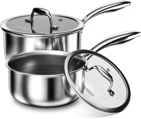 COOKER KING Sauce Pan Set, 1.5 QT & 2 QT Saucepan with Lid, Hybrid Ceramic Nonstick Saucepan, non stick Sauce pot, Stainless steel Cookware, Induction Compatible (PFAS/PFOA/PTFE Free)