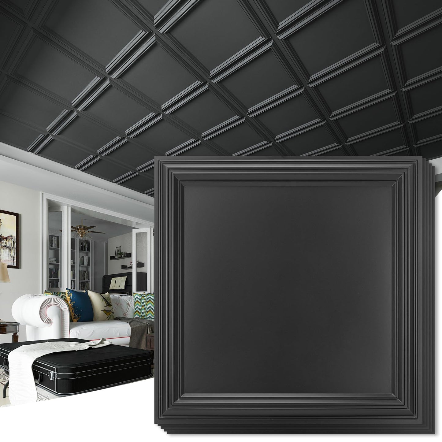 Art3d 24-Pack Drop Relief Ceiling Tiles for Home, Office & Commercial Space, 24 x 24in PVC Waterproof 3D Wall Panels Cover 96 Sq. Ft, Black