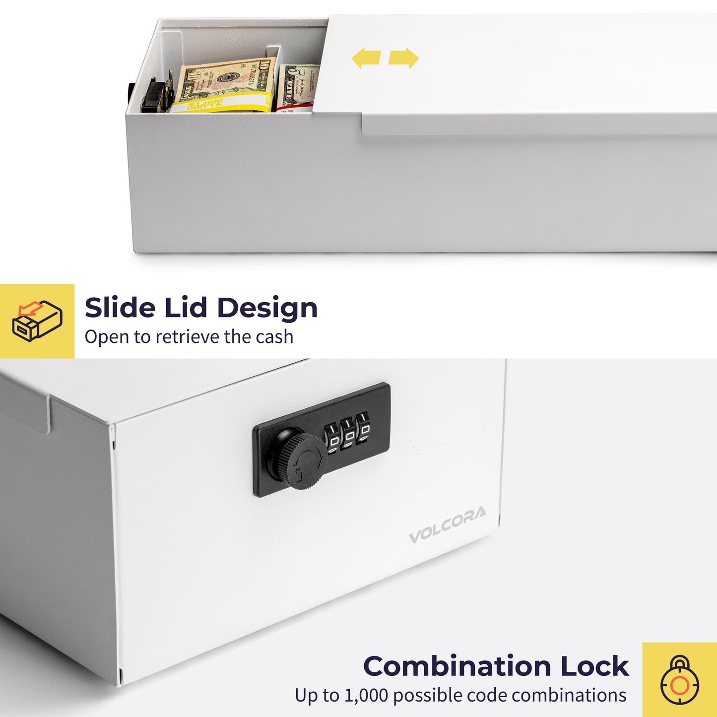 Volcora Cash Box Money Organizer - 15” x 7.5” x 4” Cashbox 5 Compartments Drawer Tray - Bills and Coin Slot with Combination Lock for POS Register, Kiosk, Retail, Personal and Business Use, White