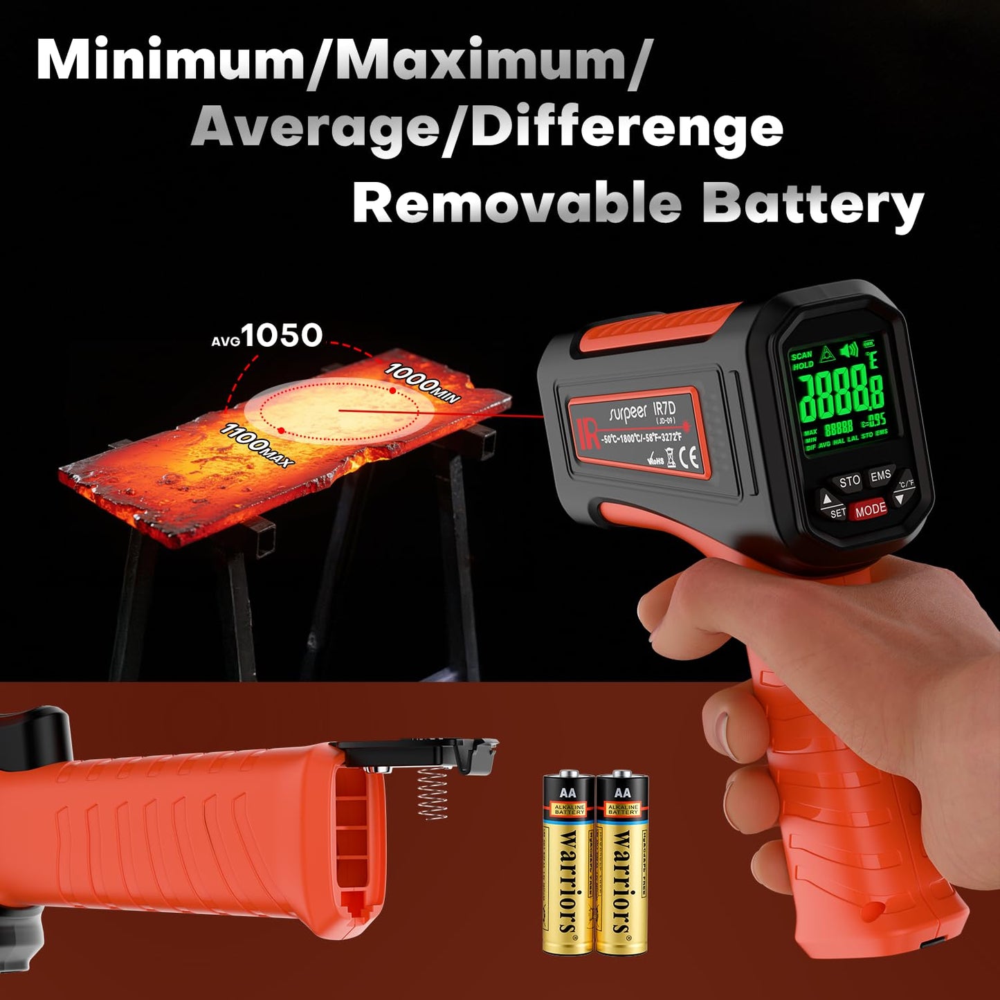 Surpeer -58℉~3272℉ Infrared Thermometer IR Gun, High-Temp Digital Temperature Gun, 50:1 Non-Contact Pyrometer for Kiln, Forge, Furnace, Engine, HVAC & Industrial Applications