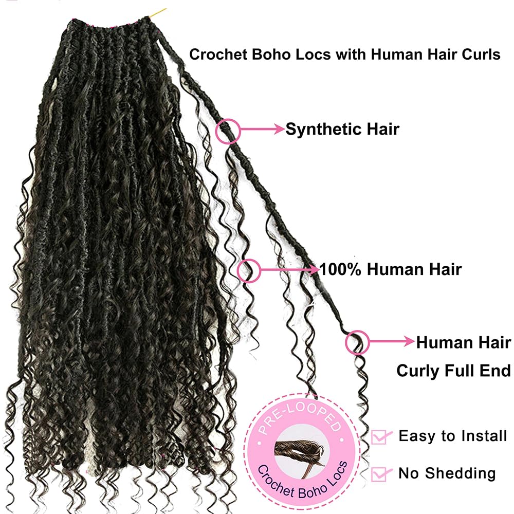 Pre-looped Crochet Locs with Human Hair Curls Dreadlocks Hair With Curly Human Hair End Soft Messy Boho Faux Locs for Women 26inch 24 Locs