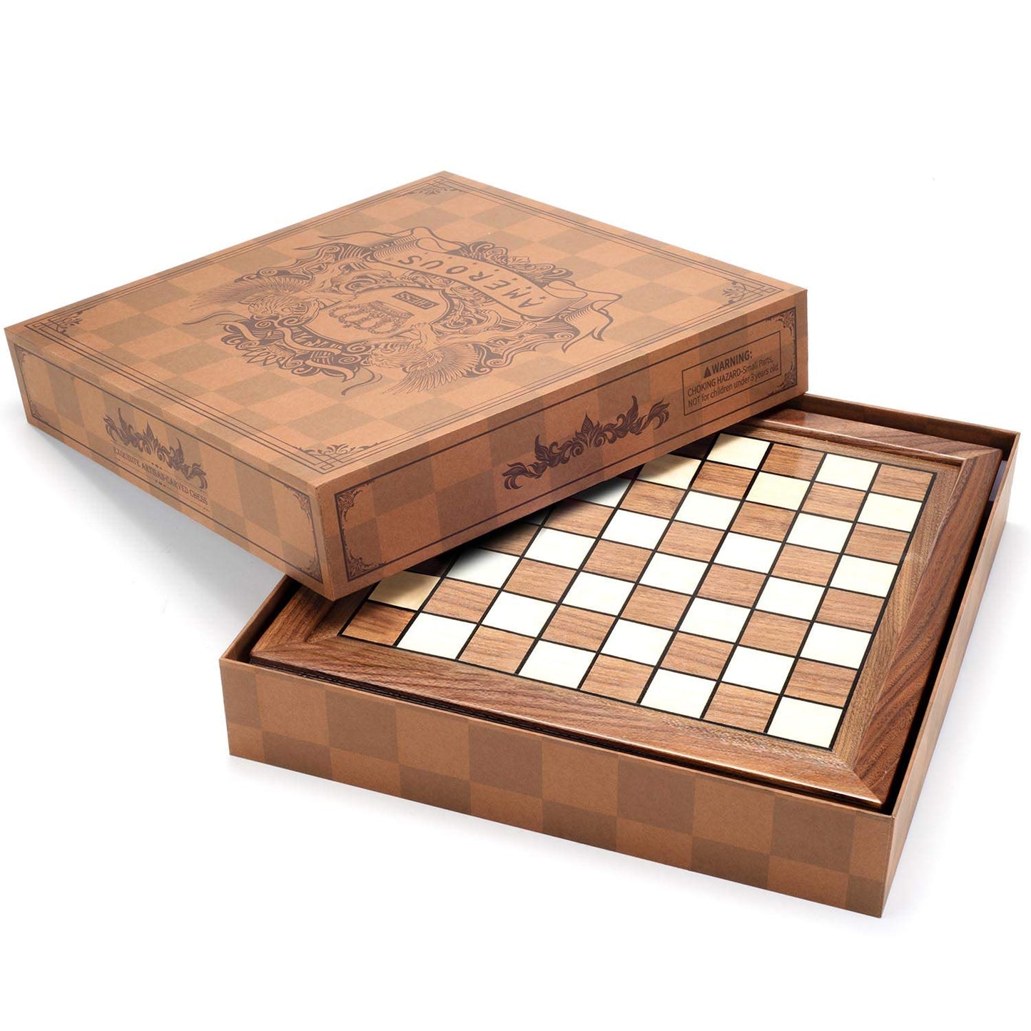 AMEROUS Magnetic Wooden Chess Set, 12.8" x 12.8" Walnut Chess Board Game with 2 Built-in Storage Drawers - 2 Bonus Extra Queens - Chess for Beginner, Kids and Adults, Gift Packaging