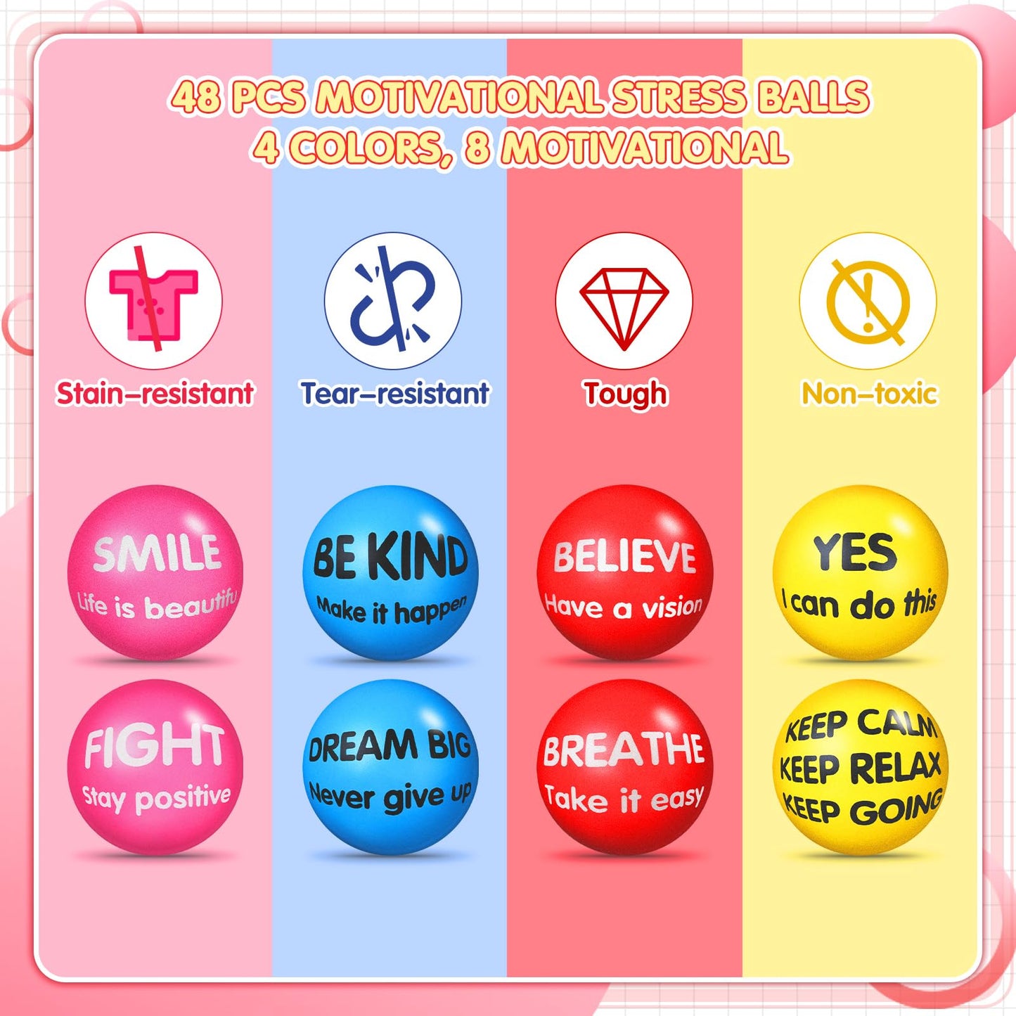 Liliful 48 Pieces Motivational Stress Balls Bulk for Adults Fidget Toys End of The Year Student Gifts Inspirational Squeeze Balls Employee Appreciation Gift Adult Goodie Bag 2. 2 Inch(Bright Colors)