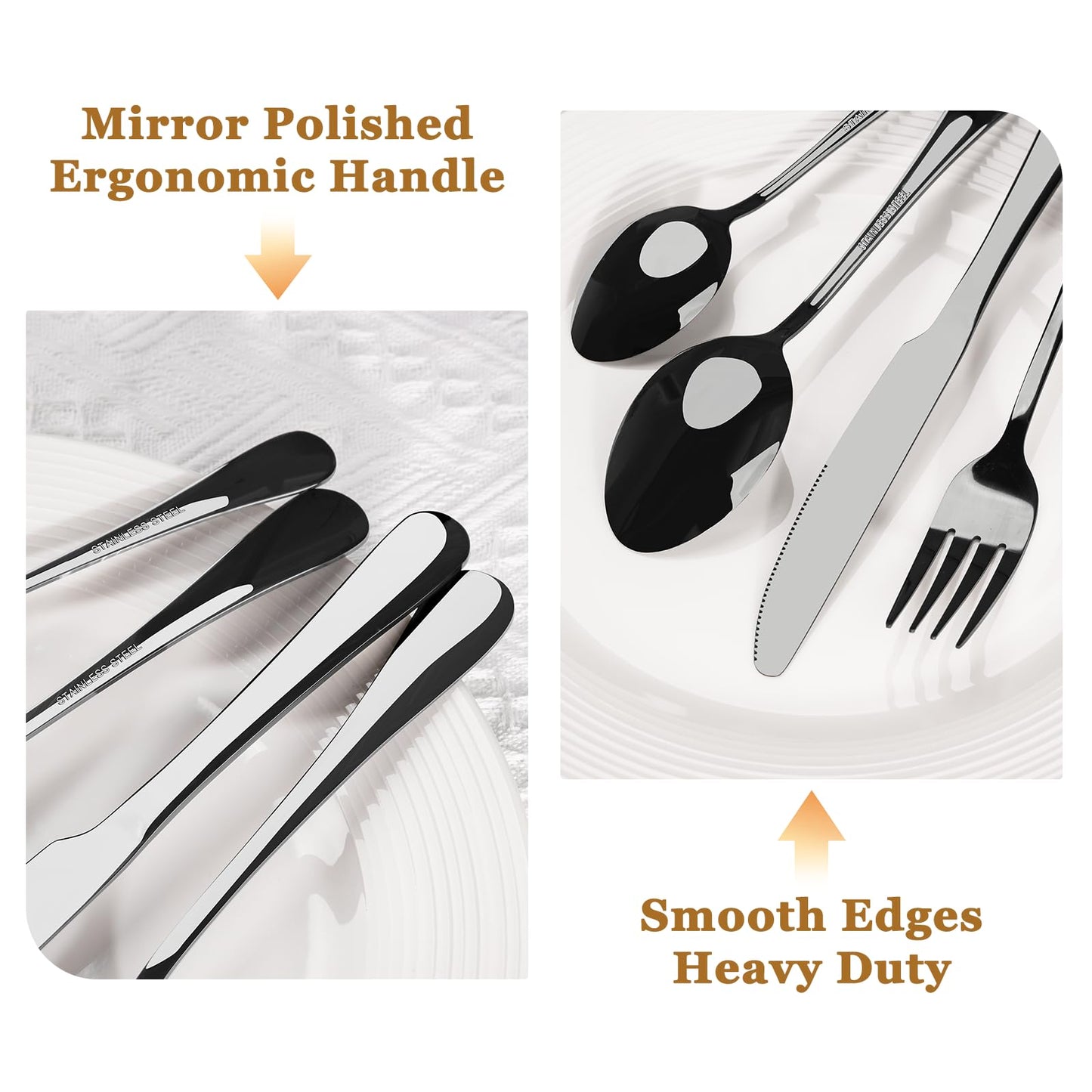 Astercook Silverware Set 48-Piece Black Flatware Set with Steak Knives Food-Grade Stainless Steel Cutlery Set for 8 Mirror Polished Utensils Set Include Spoons and Forks for Home Kitchen Restaurant