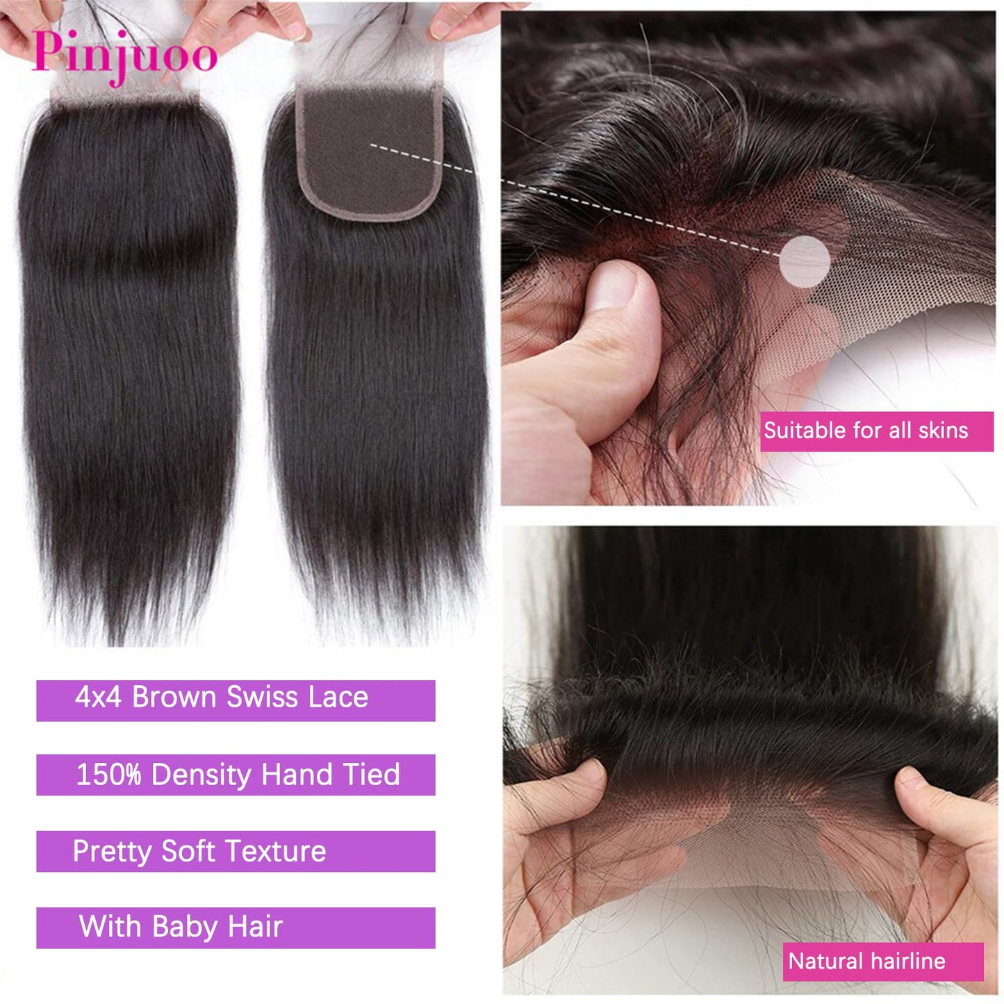 PINJUOO Straight Human Hair Bundles with Closure Raw Indian Hair 3 Bundles and Closure (20 22 24+18 Inch) 100% Unprocessed Virgin Human hair Bundles with 4X4 Lace Closure Natural Color for Women