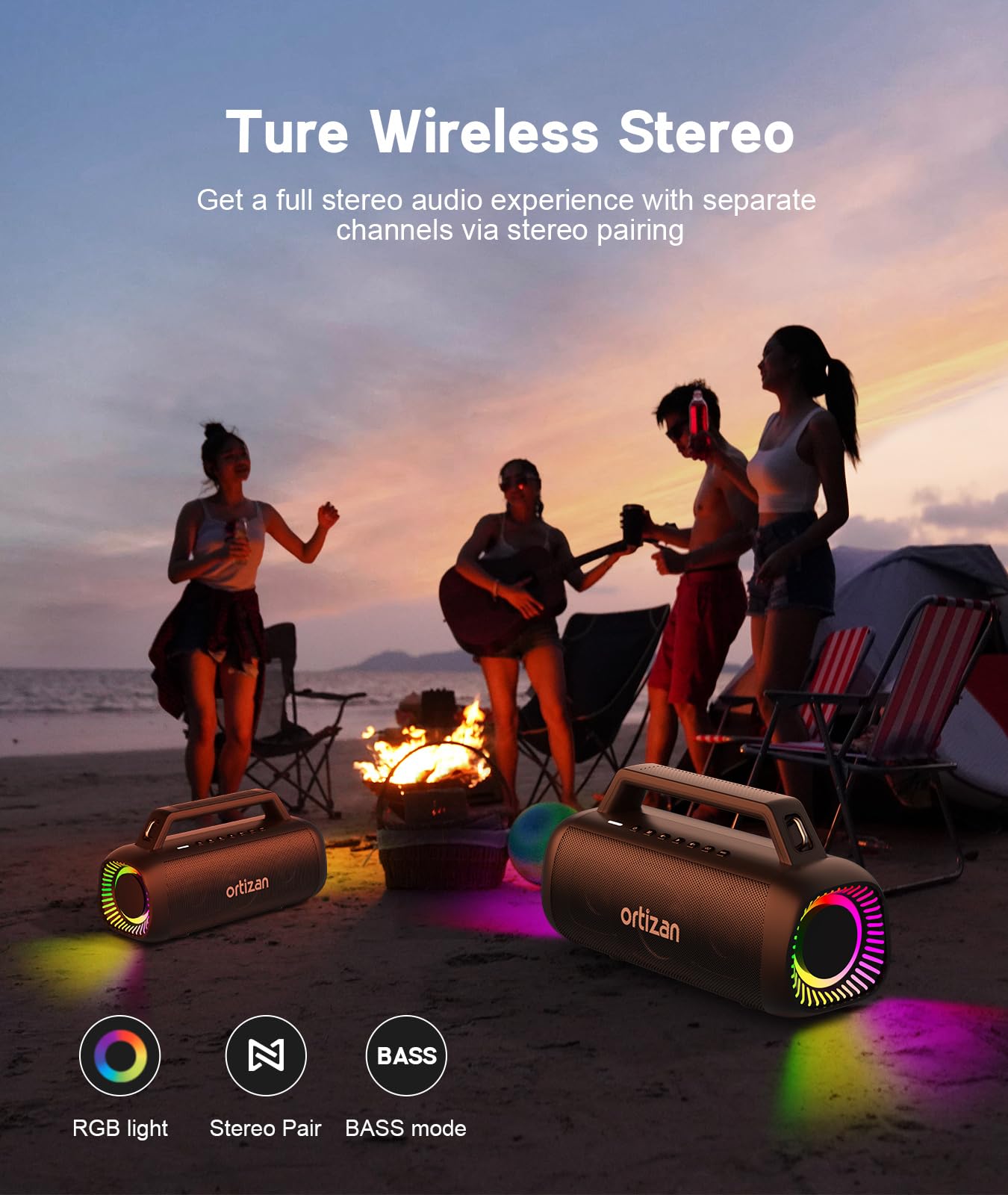 Ortizan Portable Bluetooth Speaker Loud, 80W Peak, Bass Up, 24H Playtime, IPX7 Waterproof, RGB Lights, Wireless Stereo Pairing, BT5.3, USB-C, Subwoofer Outdoor Speaker for Camping, Beach, Backyard