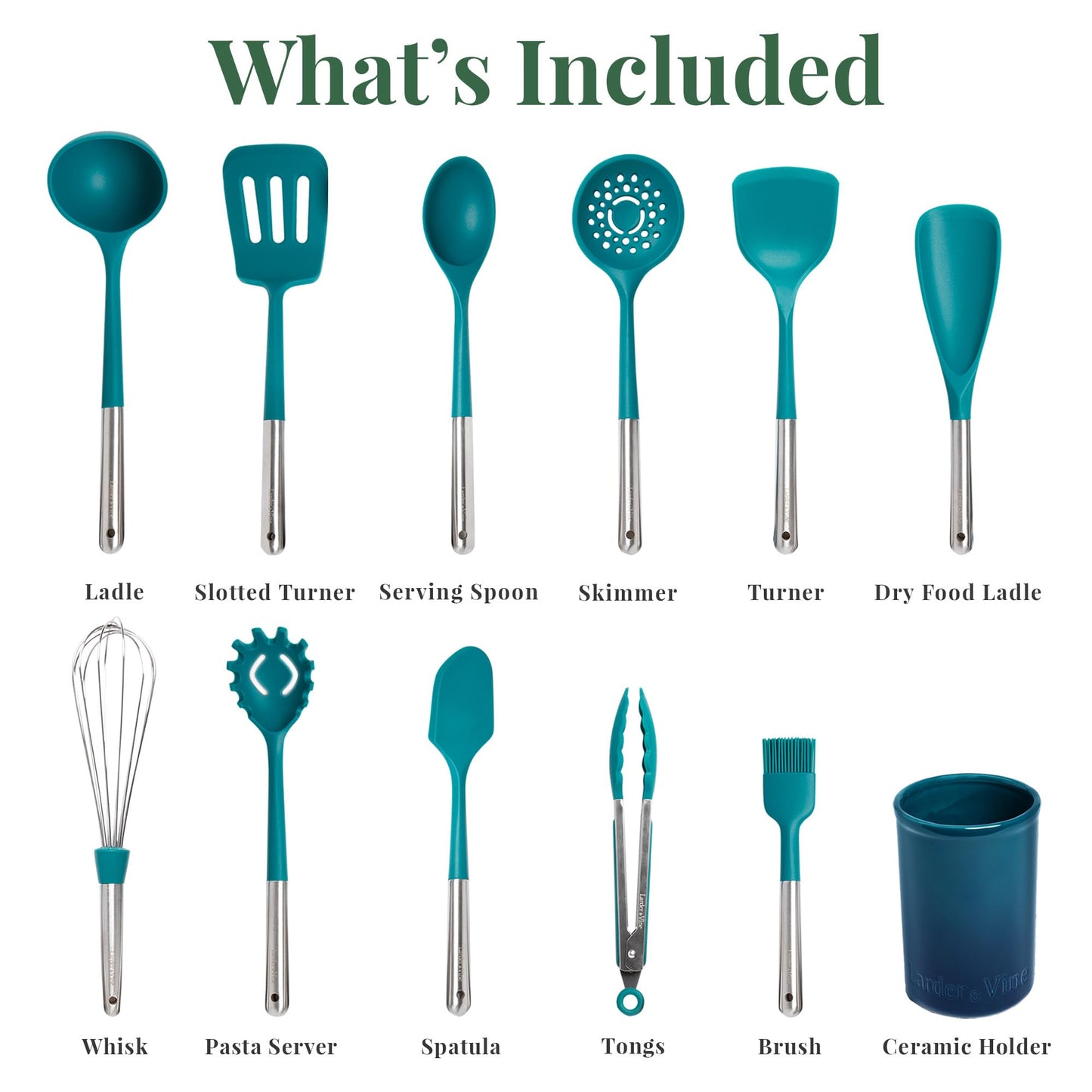 Larder & Vine 12-Piece Silicone Kitchen Cooking Utensils Set with Stainless Steel Handle and Ceramic Holder, Dishwasher Safe Set of Kitchen Essentials (Bondi)