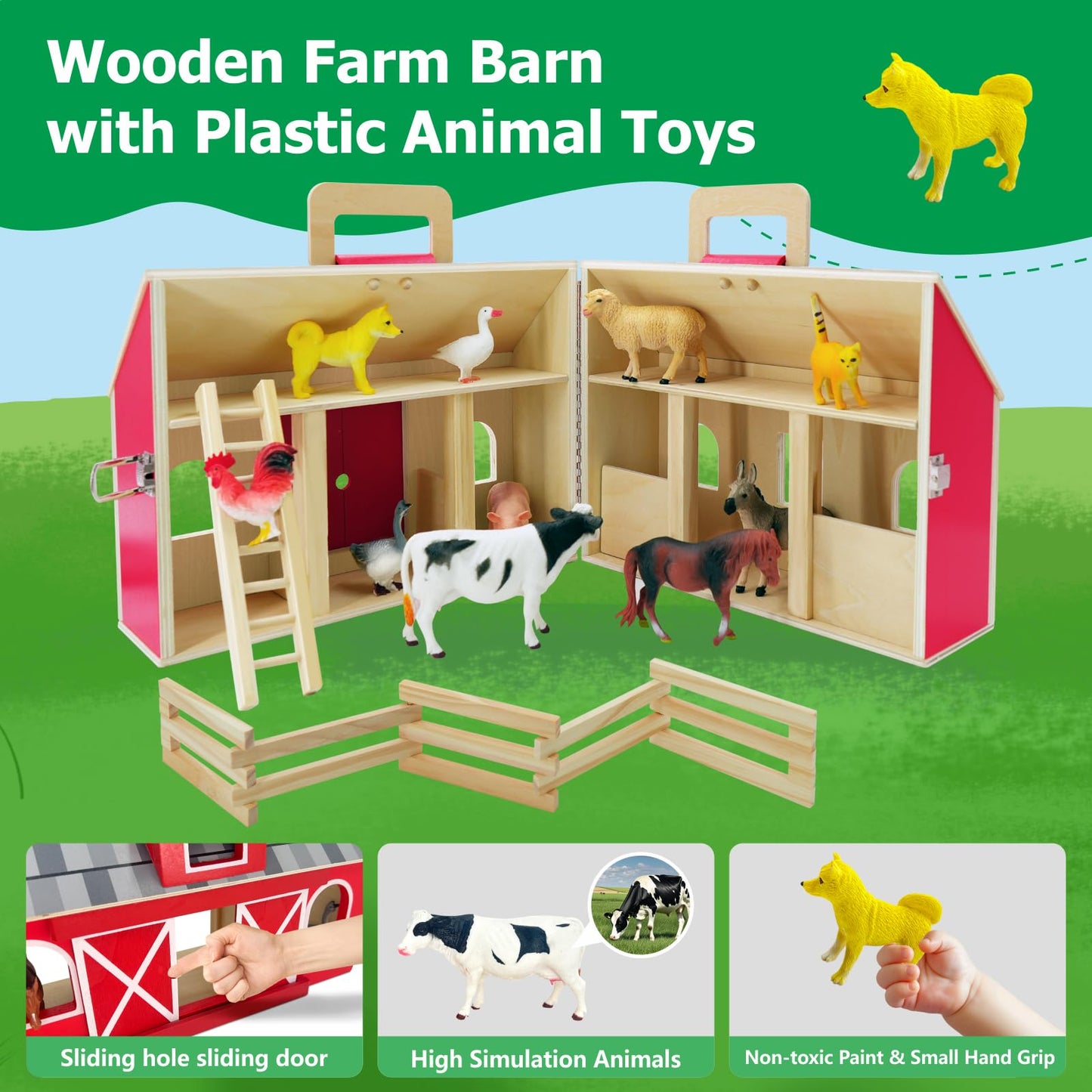 SIMPLIPLAY Farm Animal Toys with Portable Large Wooden Barn for Kids 3+ Years Old, 10 PCS Farm Animal Figures for Boys, Girls, Animal Lovers, Ideal Gift for Kids Toddlers, Improve Fine Motor Skills