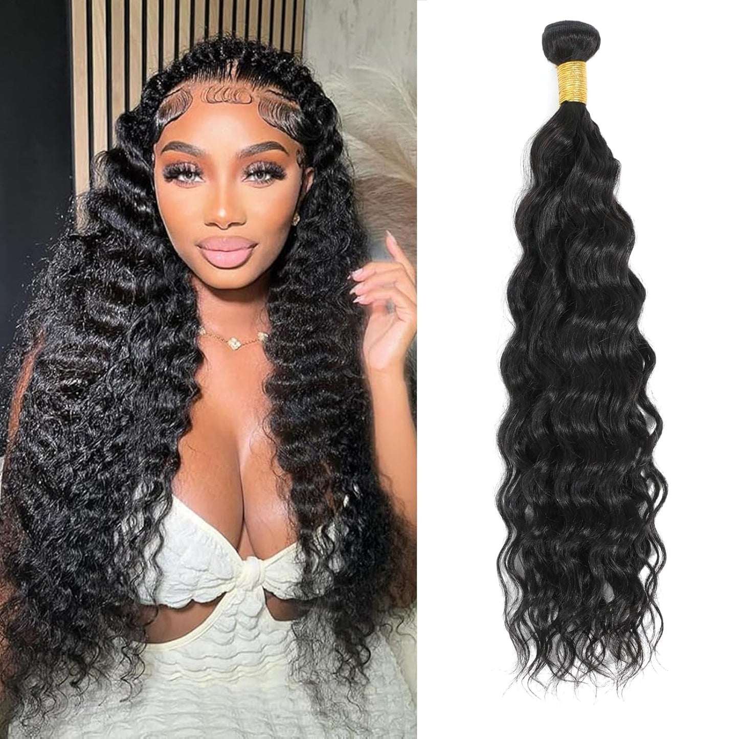 Water Wave Human Hair Bundles 1 Bundle 26 Inch Deep Curly Human Hair Bundles Double Weft Natural Quick Weave Hair Bundles Wet and Wavy Curly Hair Extensions