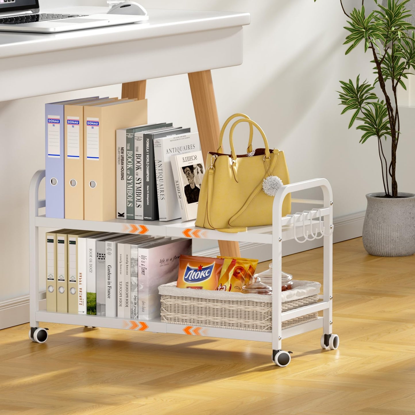 DAOUTIME 2-Tier Expandable Rolling Cart, Pantry Storage Cart with Wheels, Adjustable Rolling Pantry Floor Organizer, Metal Under Desk Cart, Sturdy Can Storage & Snack Organizer for Kitchen Pantry