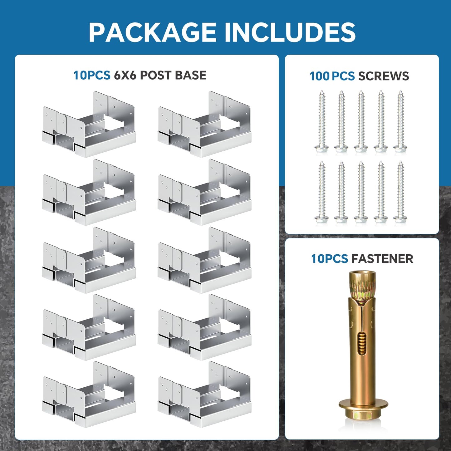 6x6 Galvanized Post Base for Concrete, 10 Pack Post Deck Base Anchor for 5.5x5.5 Wood, Post Base Holder with 1" Standoff for Deck Gazebo Pergola Porch, Includes 10 Fastener & 100 Screws