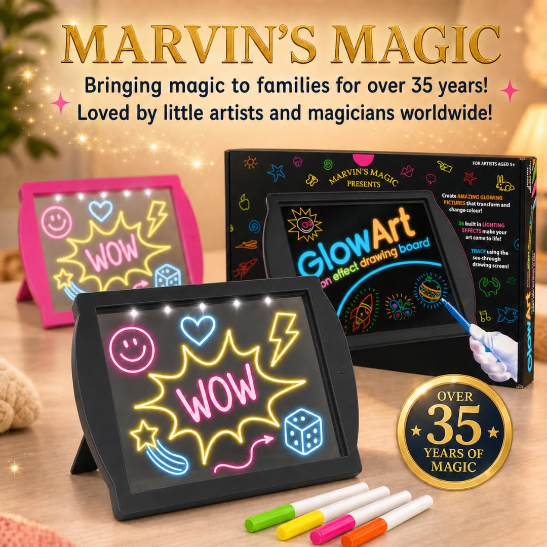 Marvin's Magic - Glow Art Unique Craft Kit | Light Up Kids Art Set | Includes Neon Effect Drawing Board with A Built-in Stand and 4 Fluorescent Magic Pens - Black