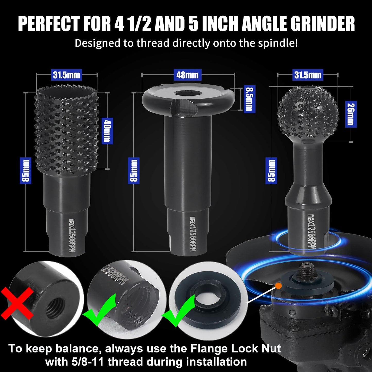 3 PCS Upgraded Wood Grinder Ball Gouge with 5/8-11 Thread for 4 1/2 and 5 Inch Angle Grinder Attachments, Power Carving Tools with Sphere Rotary Burr Carbide Steel Electric for Wood Hollowing Slotting