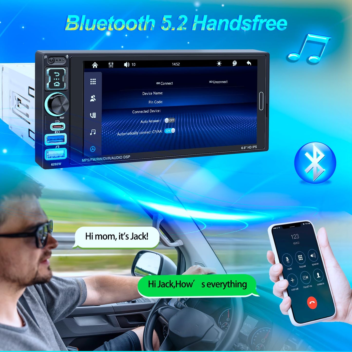 Single Din Car Stereo with Wireless Apple Carplay & Android Auto, 6.9" IPS Touchscreen Radio Bluetooth 5.2, Physical Knob Control, Waterproof Backup Camera, FM, MirrorLink, USB/Type-C, Navigation