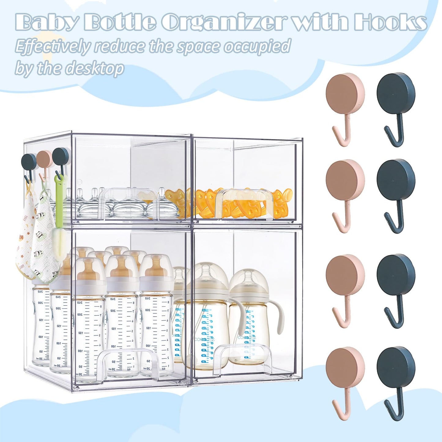zebrater Baby Bottle Organizer-4 Pack Stackable Storage Drawers, Baby Organizers and Storage with Hooks, Clear Acrylic Multipurpose Bottle Storage for Countertop,Kitchen,Cabinet,Vanity,Bathroom