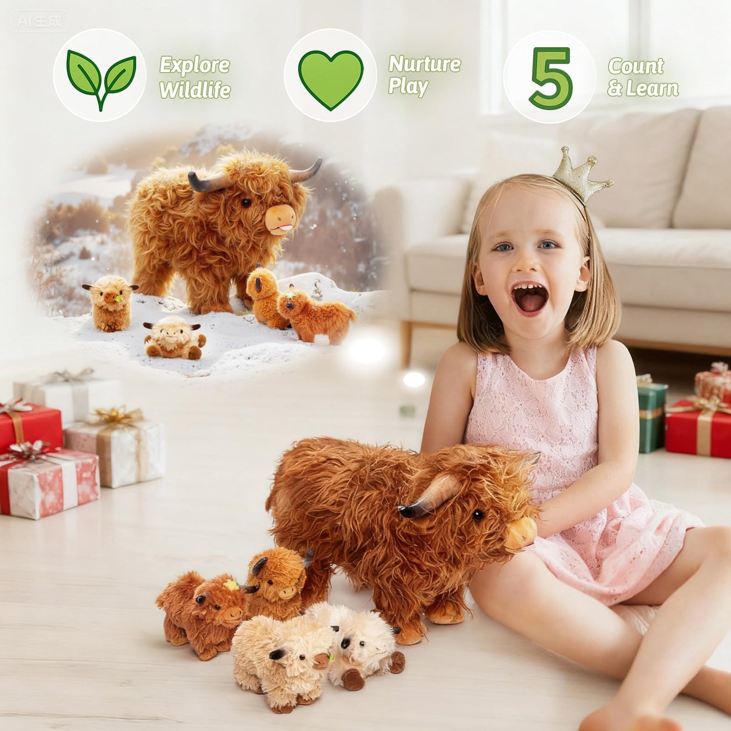 OUOZZZ Highland Cow Stuffed Animal – Large Realistic Fluffy Cow Plush Toy with 4 Baby Calves – Special Furry Material – Travel-Friendly & Portable Gift for Baby Girls, Boys, Toddlers & Kids 14.5"