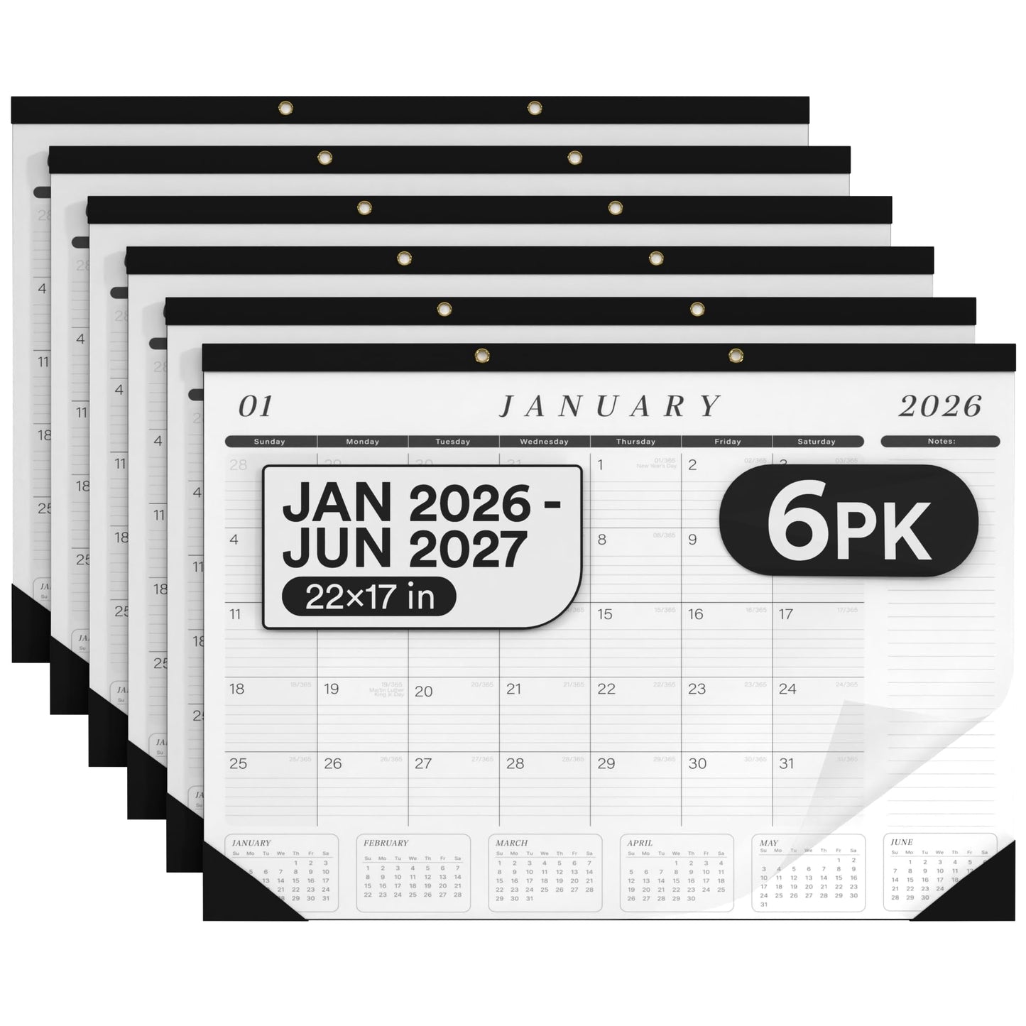 Desk Calendar 2026-2027 Large 22x17 Desk Calendar Jan 2026 - Jun 2027 Desk Blotter To-do List Planner (Black & White 6 Pack)