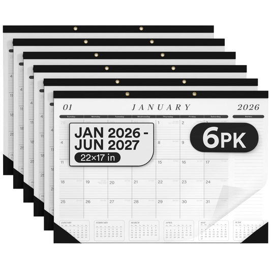 Desk Calendar 2026-2027 Large 22x17 Desk Calendar Jan 2026 - Jun 2027 Desk Blotter To-do List Planner (Black & White 6 Pack)