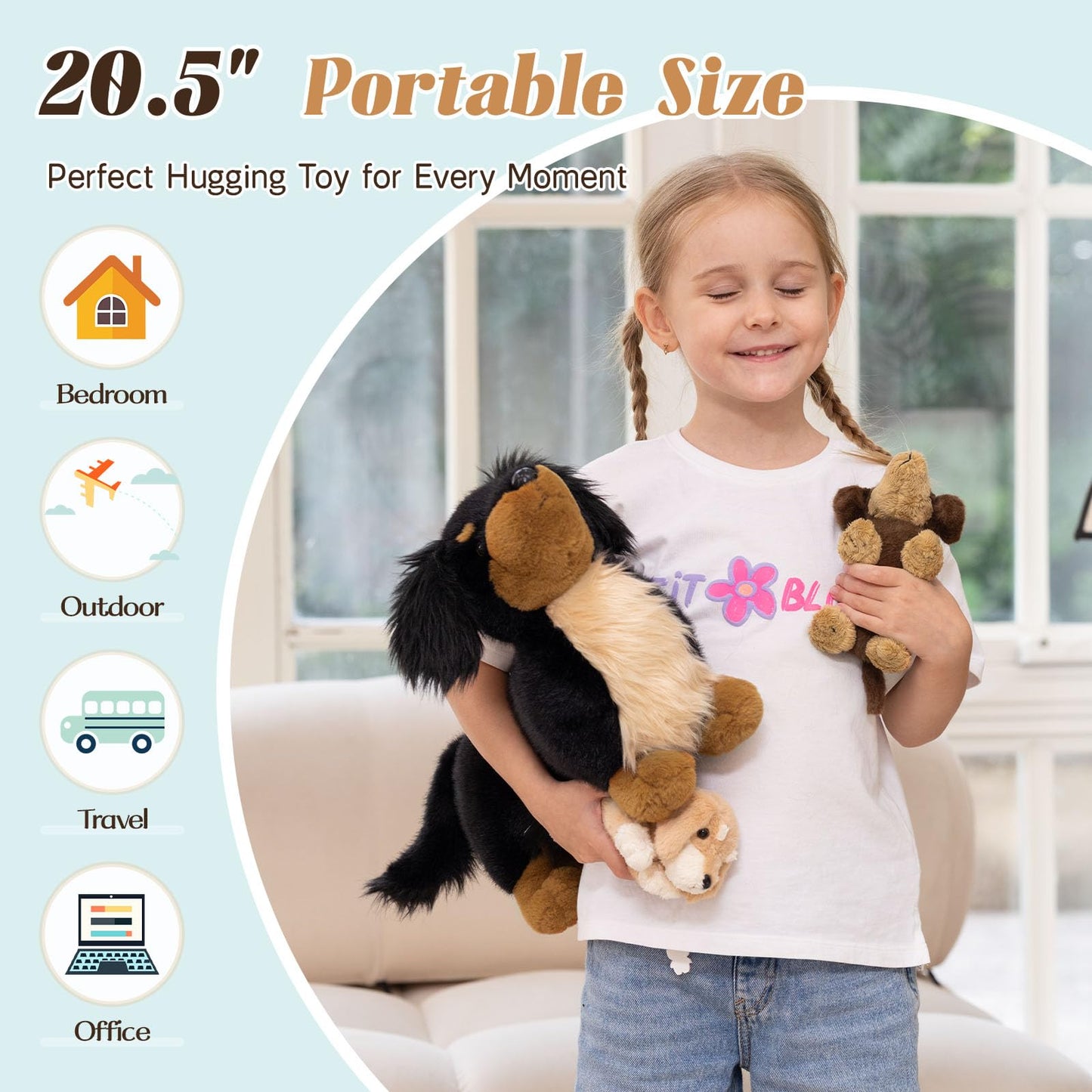 MorisMos 20'' Large Sausage Dog Stuffed Animal Mommy with Baby Puppy Toys for Kids, 3Pcs Realistic Long Hair Sausage Toys for Girl Boy Birthday Christmas