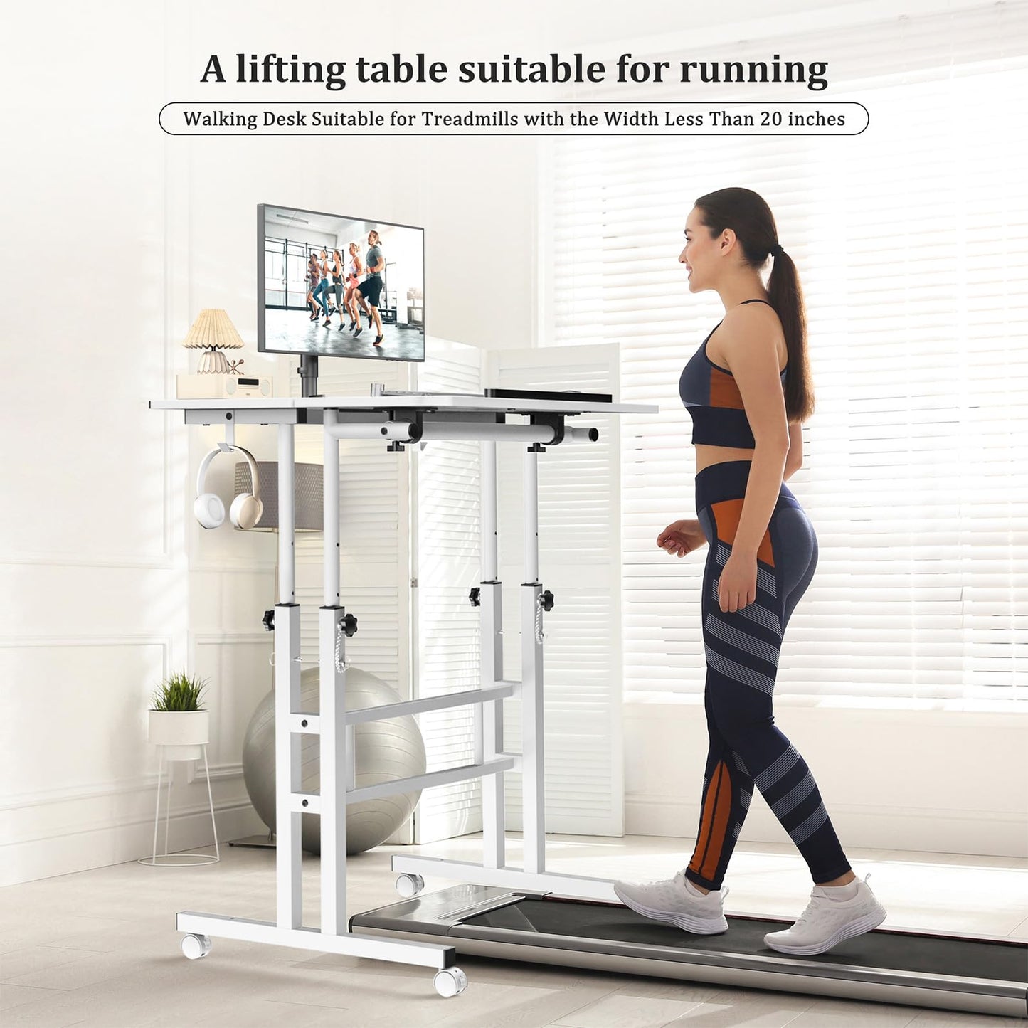 Enayplon Small Standing Desk with Wheels, Mobile Stand Up Desk, Portable Standing Table on Wheels for Walking Pad, Rolling Computer Desk Adjustable Height, Tall Table