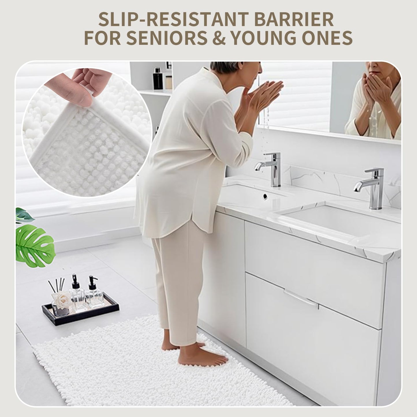 Ruggnovea Bathroom Rugs Non Slip Washable 60x24, Extra Thick Soft Chenille Absorbent Bath Mat, High Density Barrier Non Slip Backing, Quick Dry Plush Shaggy Floor Carpet for Tub&Shower, White