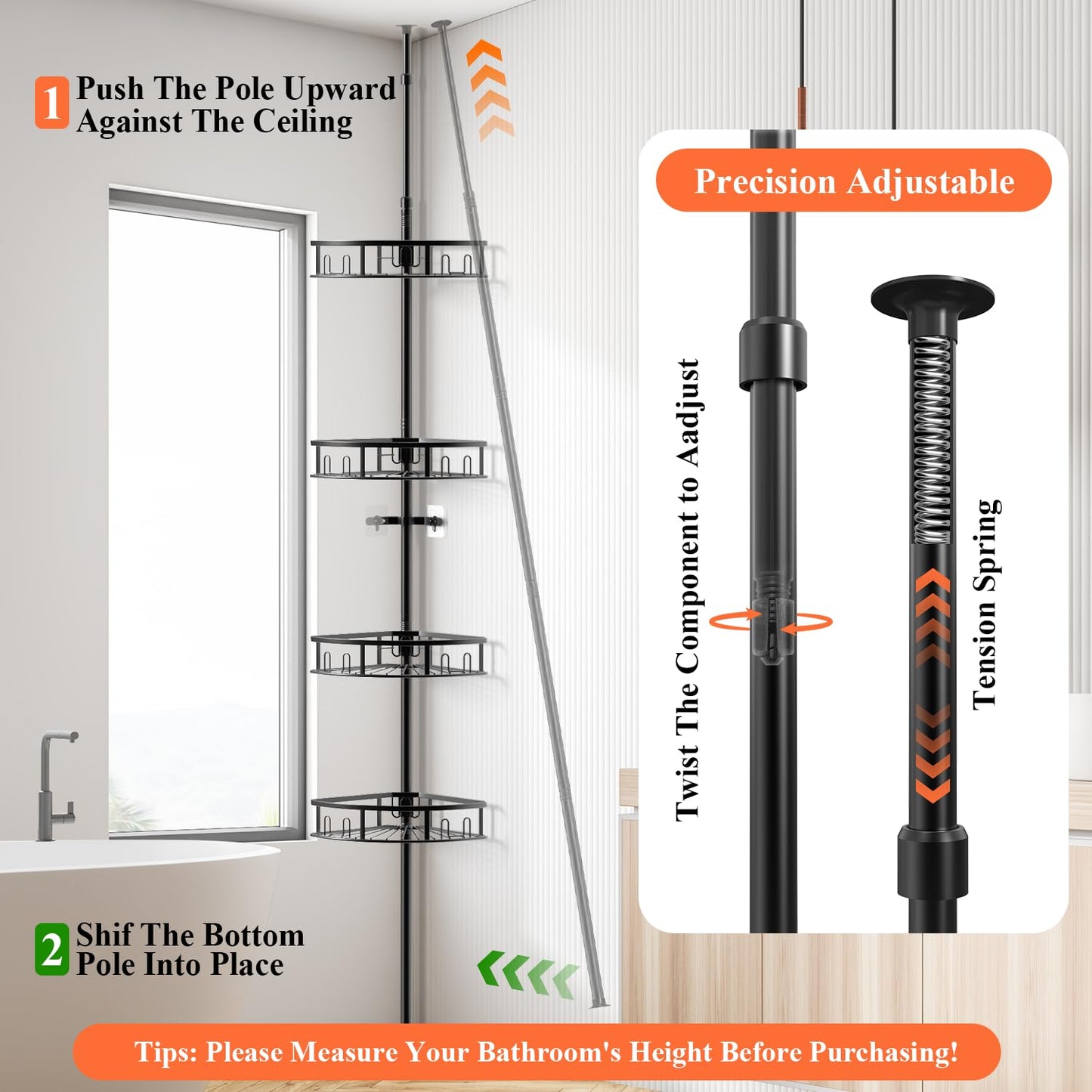 Peyulia 4-Tier Rustproof Corner Shower Caddy with Tension Pole, 42-115 Inch Adjustable Height Shower Organizer, Shower Shelves with Hooks, Freestanding Bathroom Organizer - Black