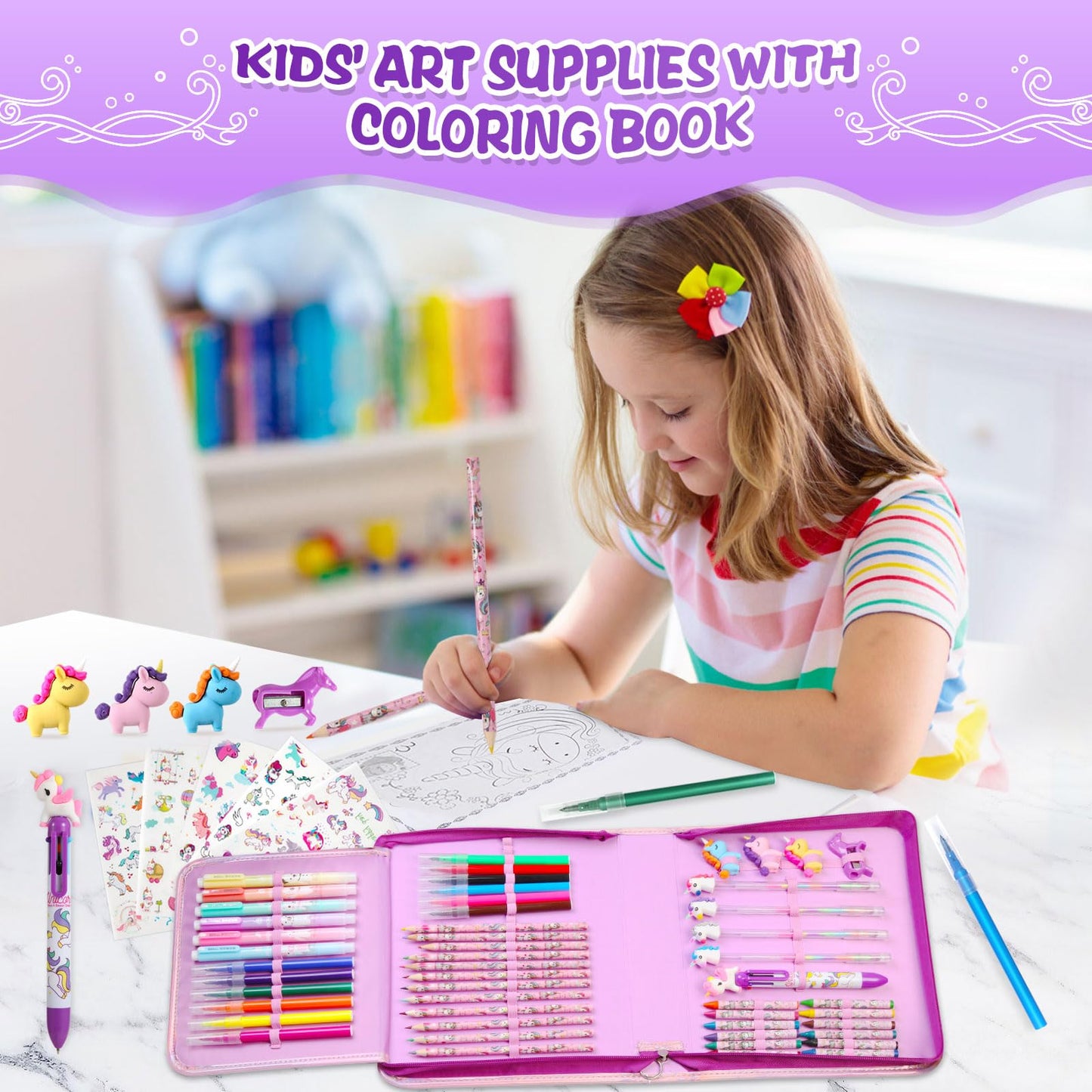 CozyJoyz Unicorn Marker Set Washable 59 Pieces Arts and Crafts Painting Set for Kids Drawing Art Supplies Birthday Gifts for Girls Toys for 4 5 6 7 8 9 Years Old (Purple)