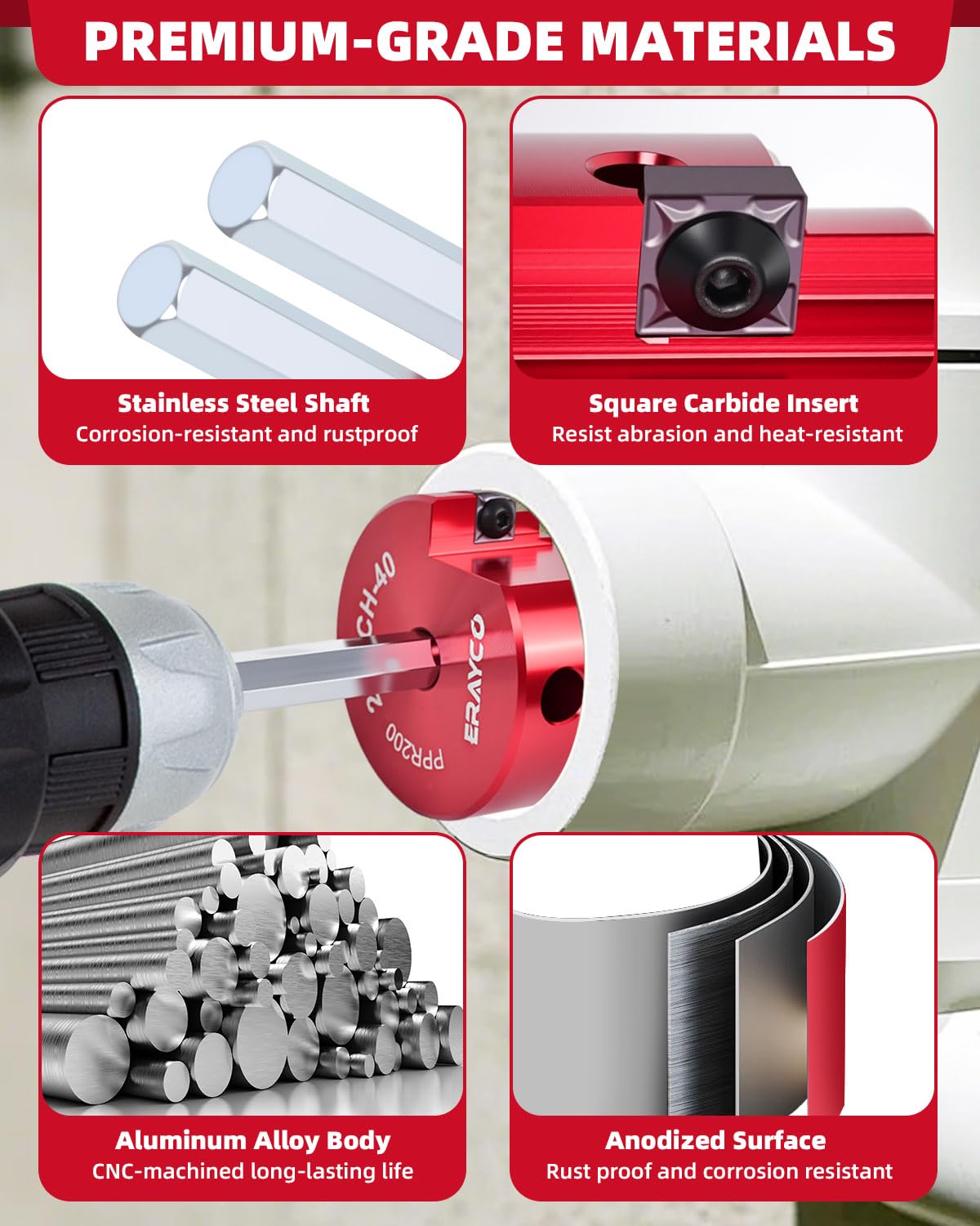 ERAYCO 6PCS PVC Pipe Reamer Kit, Plastic Pipe Fitting Reamer Tool, Fit into Standard 1/2" Drills, PVC Fitting Saver for SCH40 PVC CPVC ABS Pipe (3/4'', 1'', 1-1/2'', 2'', 3'', 4'')