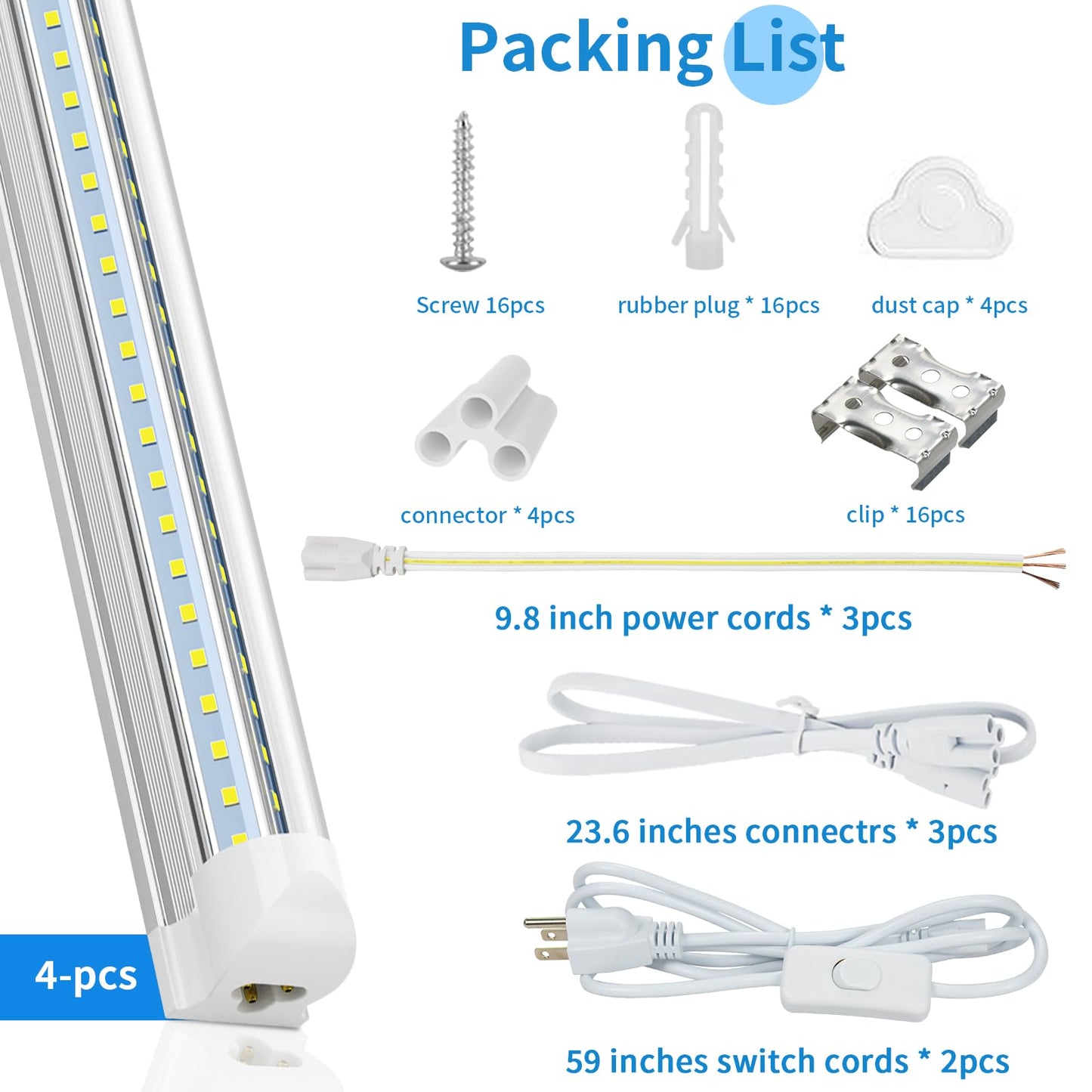 (Pack of 4) Linkable LED Utility Shop Lights for Garage, 6FT, 60W, LED Tube Ceiling Light T8 Integrated Single Fixture, 6000K, 8000LM Daylight V Shape, Basement, Offices, Clear Lens, Plug and Play