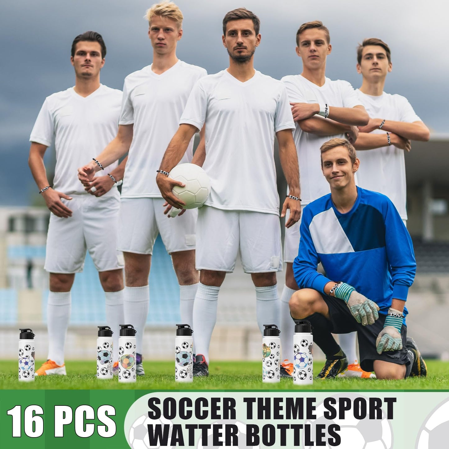 LemonRoad 164 Pcs Sports Party Favors Set 16 Plastic Cups 16 Charm Bracelets 16 Keychains 16 Mini Foam Stress Balls 100 Stickers for Sports Party Supplies(Soccer)