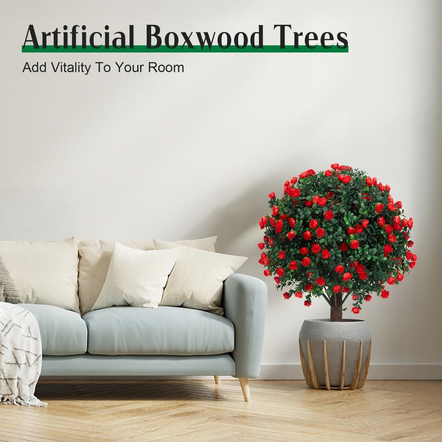 Set of 2 Artificial Boxwood Topiary Ball Trees with Red Flowers for Outdoor with Ground Spike 22", UV Resistant Faux Greenery Shrubs, Fake Plants for Garden, Yard, Porch, Patio Valentine's Day Decor