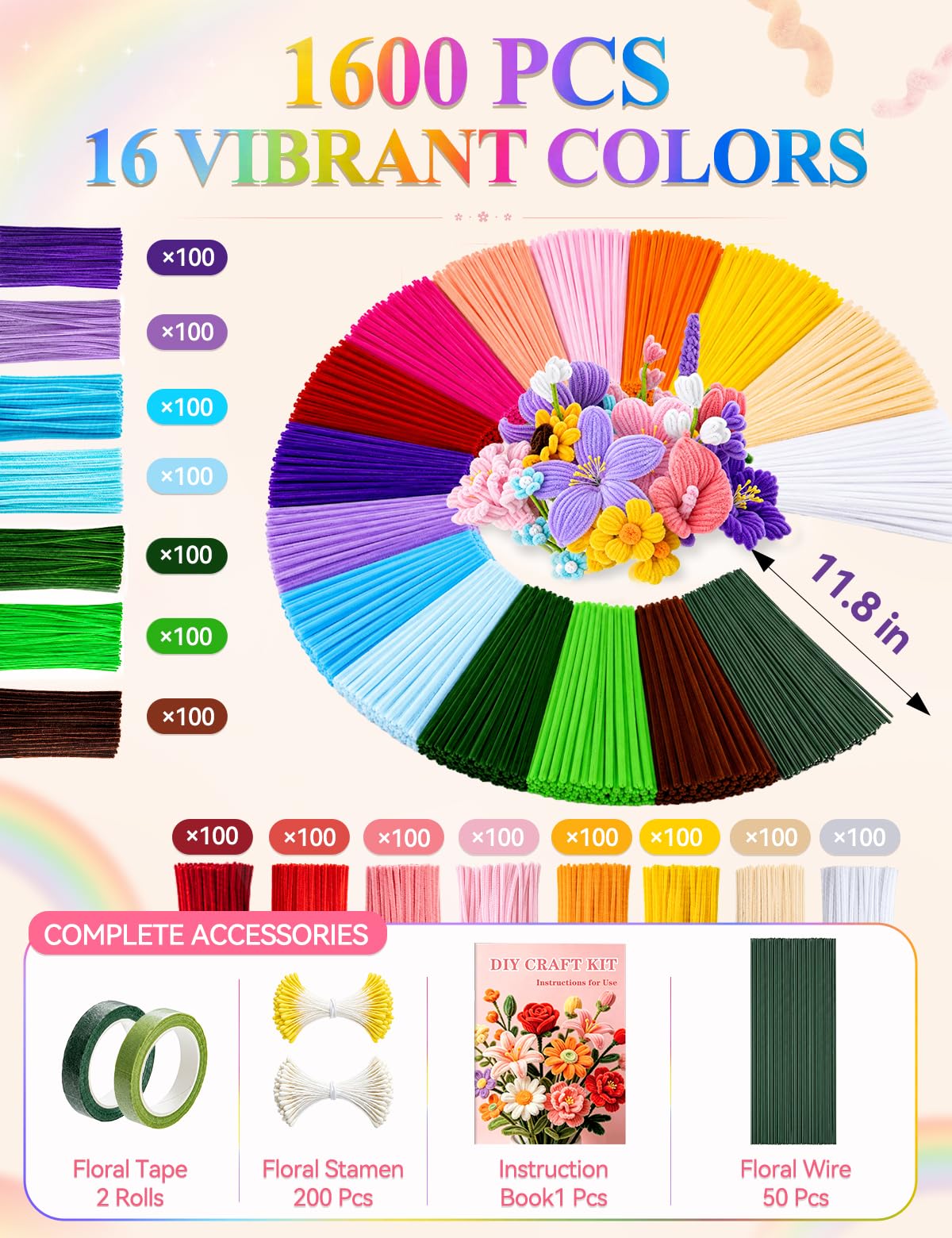 RQAYE 1600Pcs Pipe Cleaner Flower Kit
