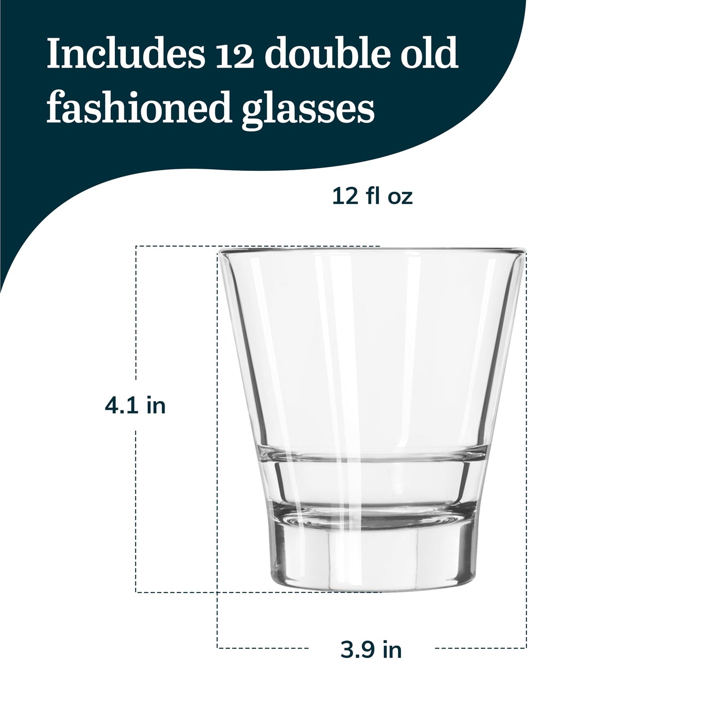 Libbey Endeavor Stacking Double Old Fashioned Glasses, 12 oz, Clear Drinking Glasses Set of 12, Modern Rocks Glass Set for Mixed Drinks and Spirits.
